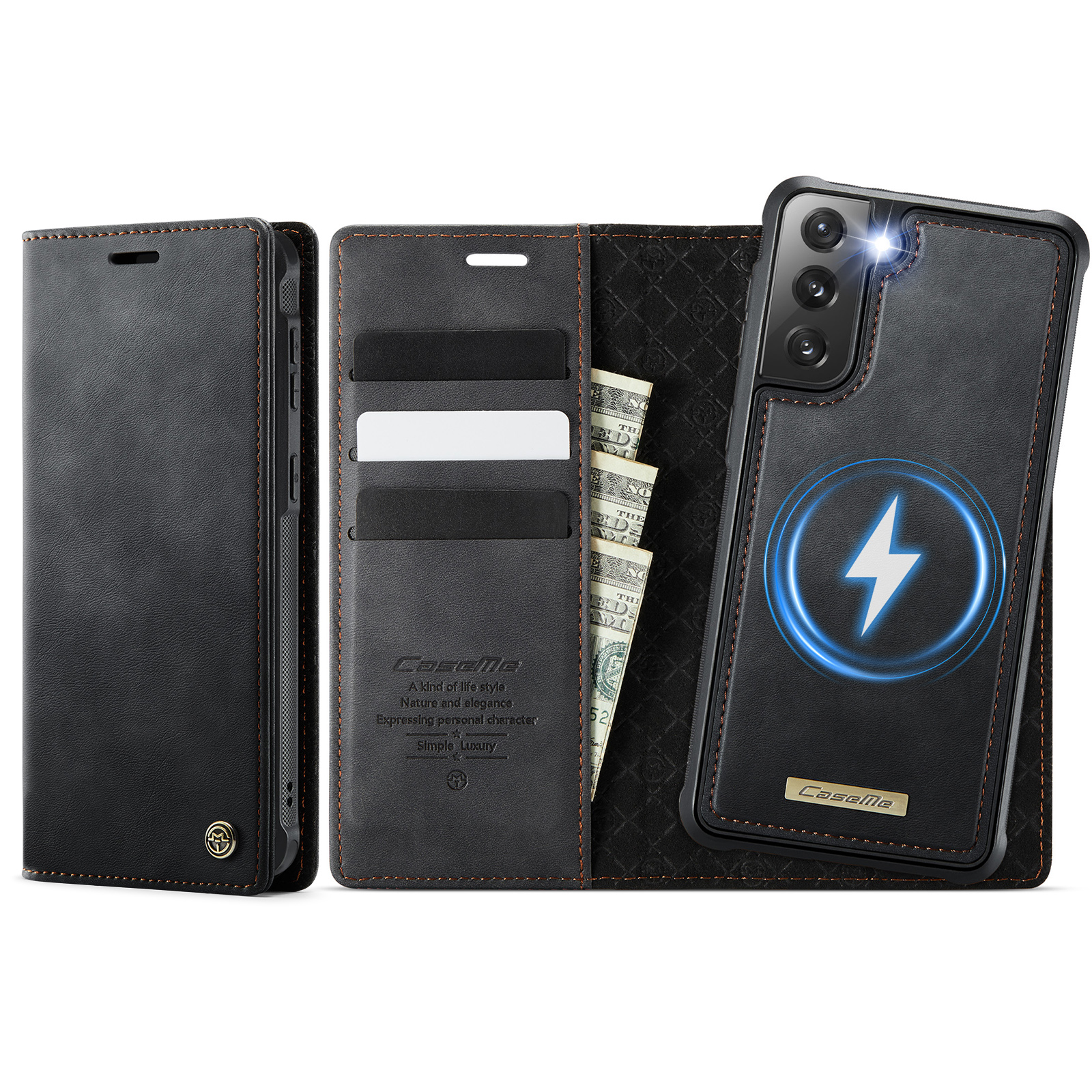 CASEME For Samsung Galaxy S21 FE 5G Case C49 Magnetic Case RFID Blocking Detachable Wallet Leather Phone Cover - Black