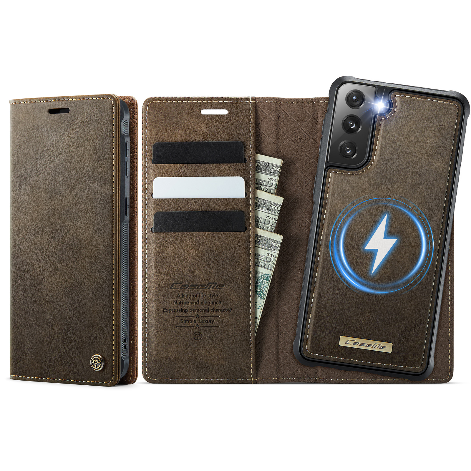 CASEME For Samsung Galaxy S21 FE 5G Case  C49 Magnetic Case RFID Blocking Detachable Wallet Leather Phone Cover - Coffee
