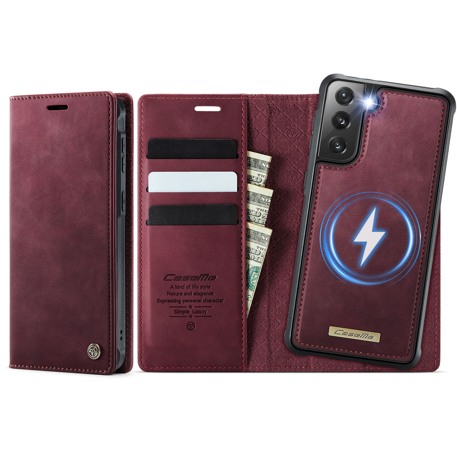 CASEME For Samsung Galaxy S21 FE 5G Case  C49 Magnetic Case RFID Blocking Detachable Wallet Leather Phone Cover - Red