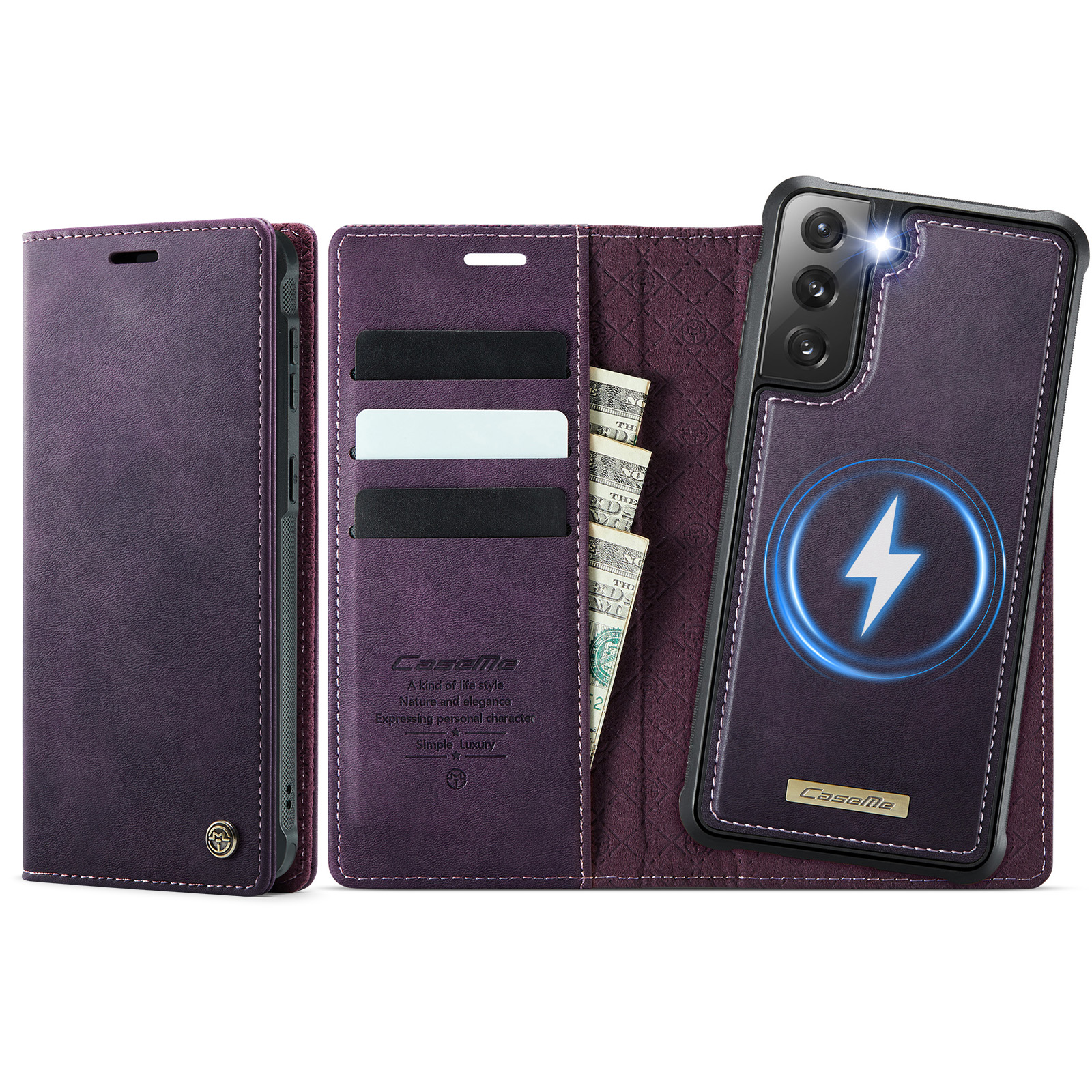 CASEME For Samsung Galaxy S21 FE 5G Case  C49 Magnetic Case RFID Blocking Detachable Wallet Leather Phone Cover - Purple