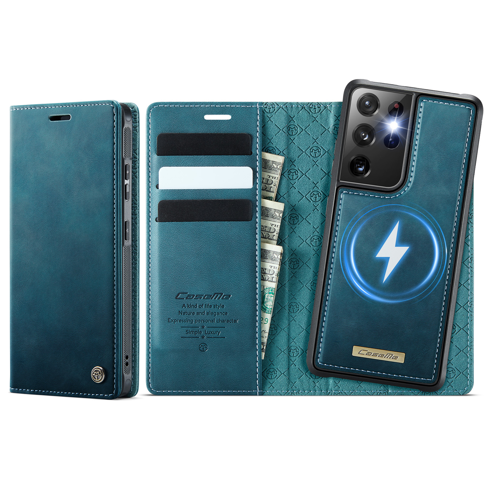 CASEME For Samsung Galaxy S21 Ultra 5G Case C49 Magnetic Case RFID Blocking Detachable Wallet Leather Phone Cover - Green