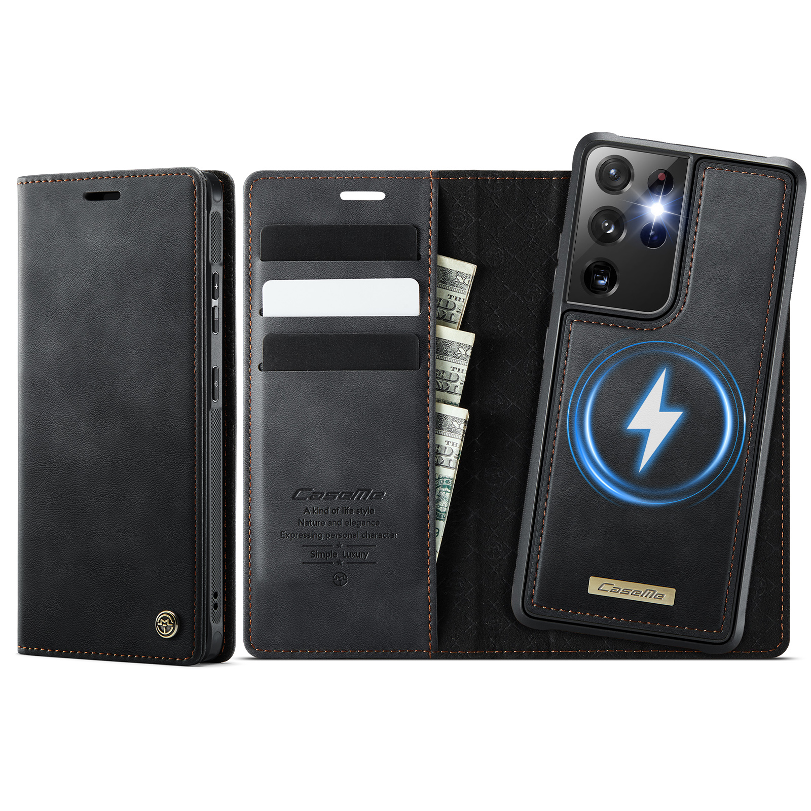 CASEME For Samsung Galaxy S21 Ultra 5G Case  C49 Magnetic Case RFID Blocking Detachable Wallet Leather Phone Cover - Black