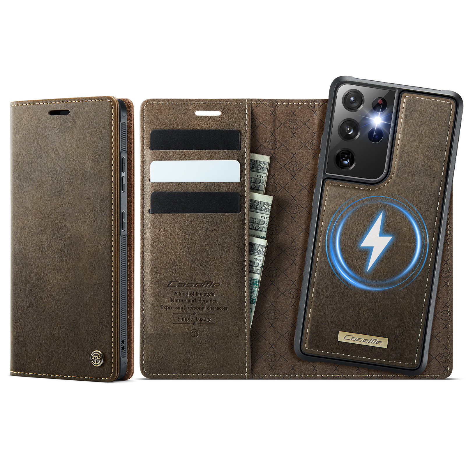 CASEME For Samsung Galaxy S21 Ultra 5G Case  C49 Magnetic Case RFID Blocking Detachable Wallet Leather Phone Cover - Coffee