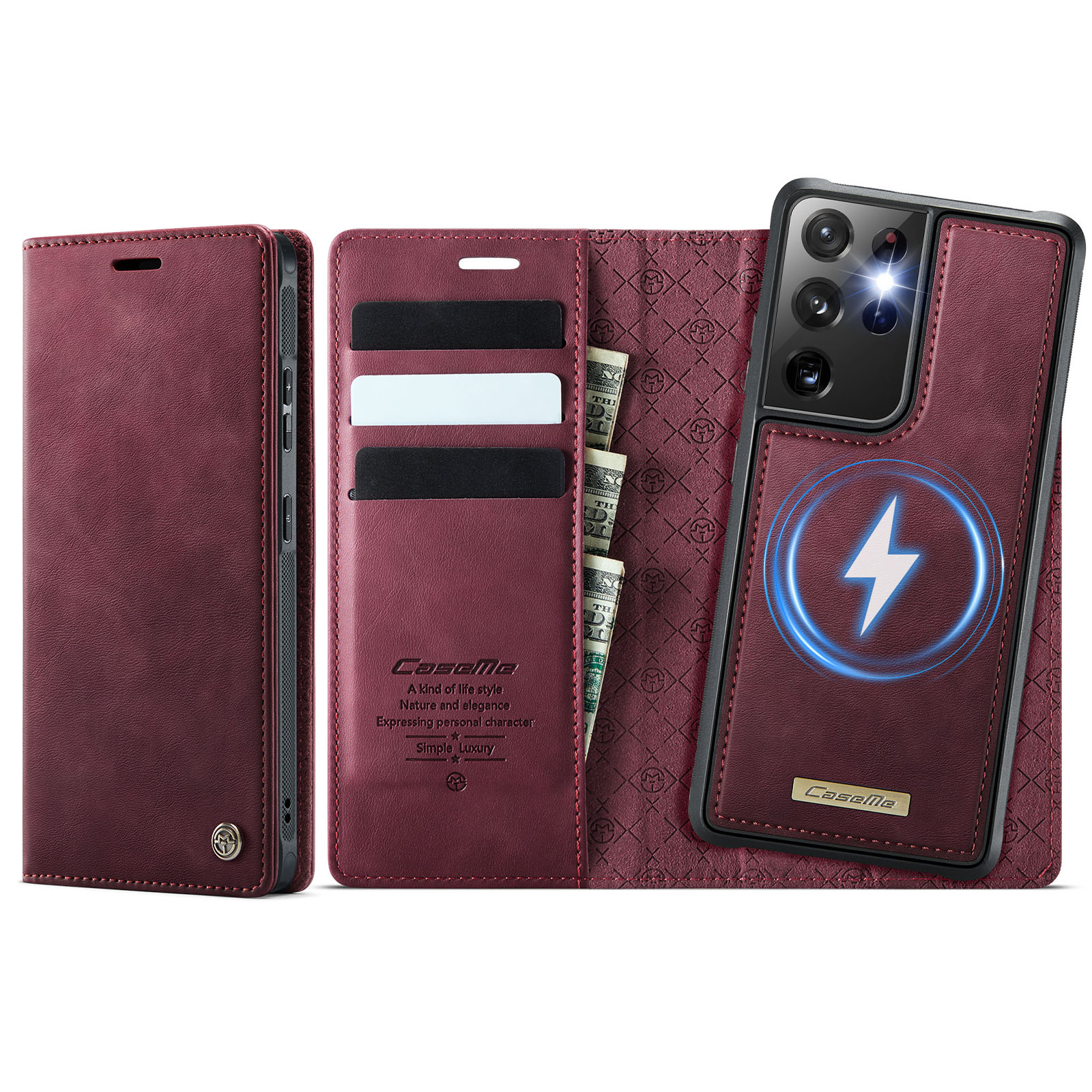 CASEME For Samsung Galaxy S21 Ultra 5G Case  C49 Magnetic Case RFID Blocking Detachable Wallet Leather Phone Cover - Red