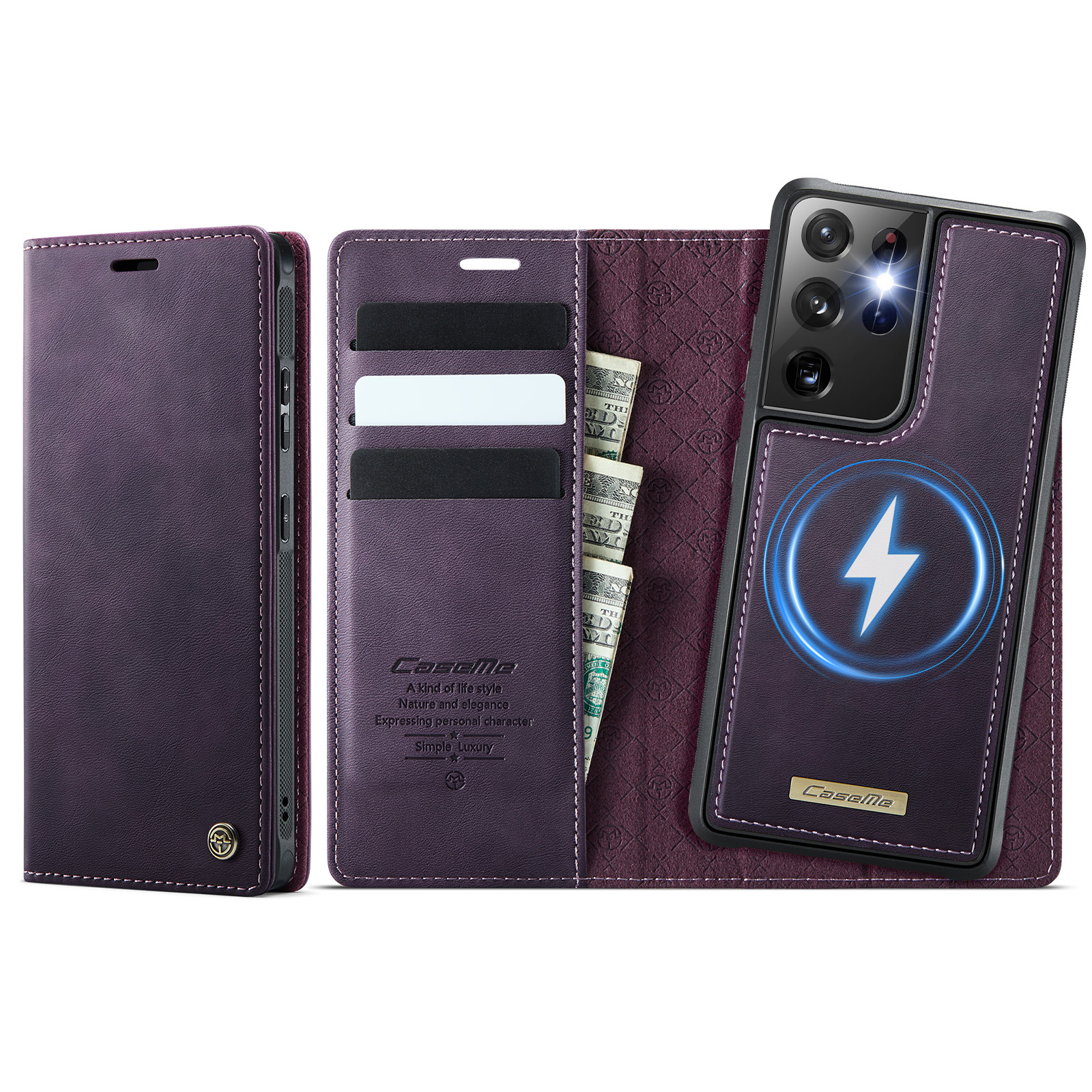 CASEME For Samsung Galaxy S21 Ultra 5G Case  C49 Magnetic Case RFID Blocking Detachable Wallet Leather Phone Cover - Purple