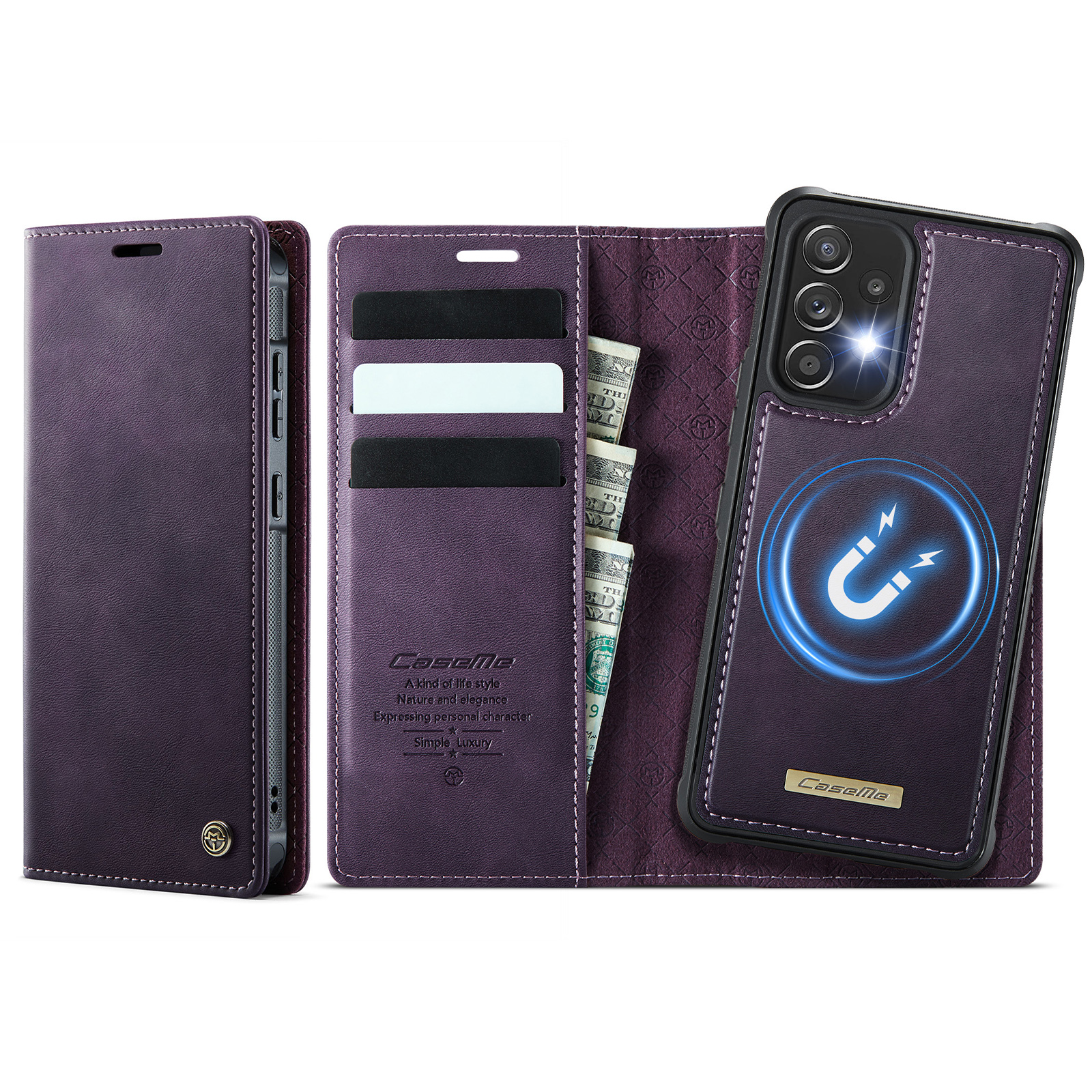 CASEME For Samsung Galaxy A53 5G Magnetic Case  C49 RFID Blocking Detachable Wallet Leather Phone Cover - Purple