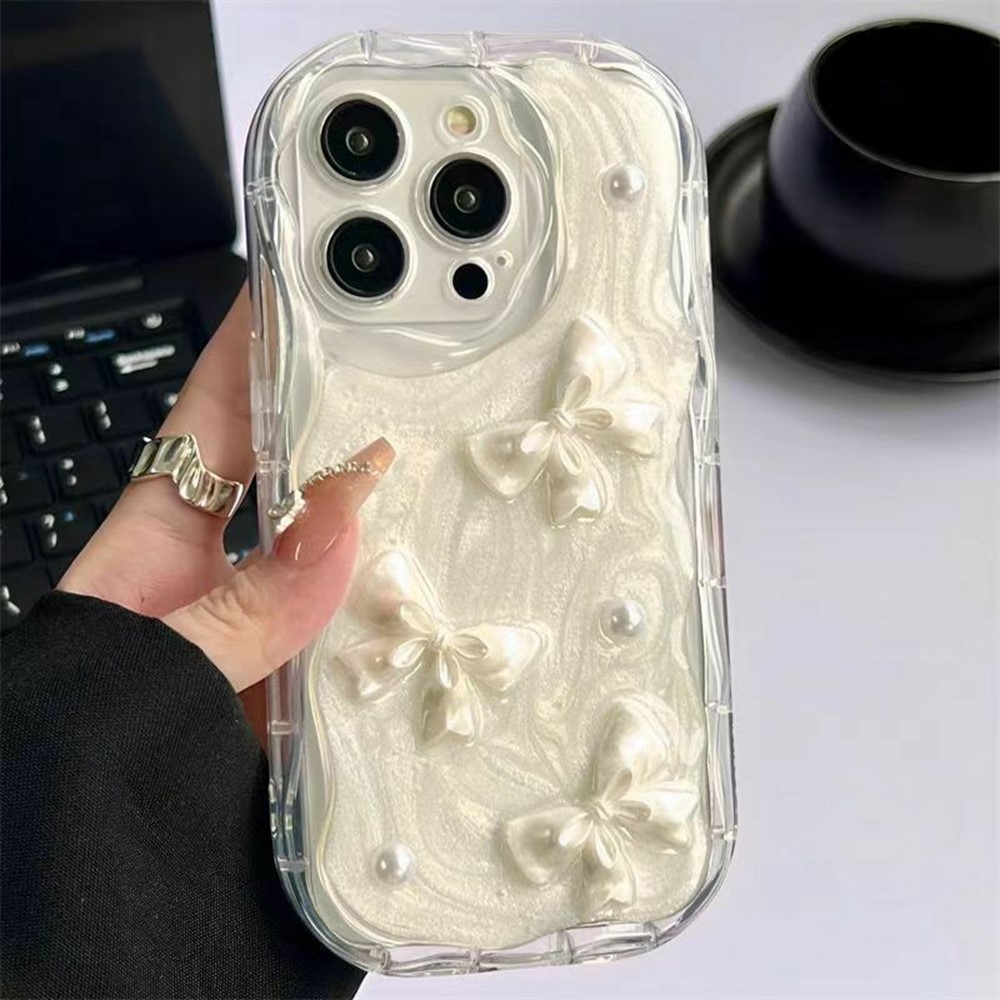 For iPhone 16 Pro Case 3D Butterfly Bow Pearl Design Clear Edge TPU Phone Back Cover