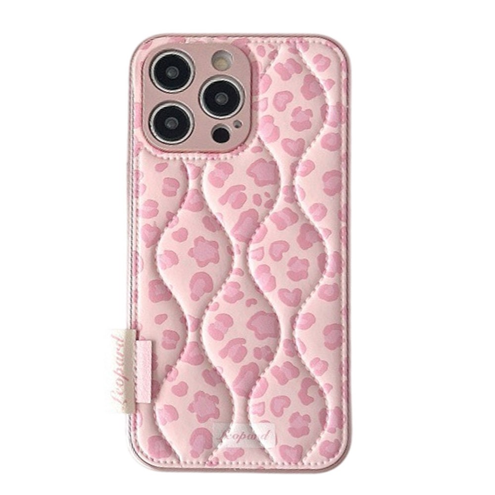 For iPhone 15 Pro Case Down Jacket Leopard Print Acrylic Phone Back Cover - Pink