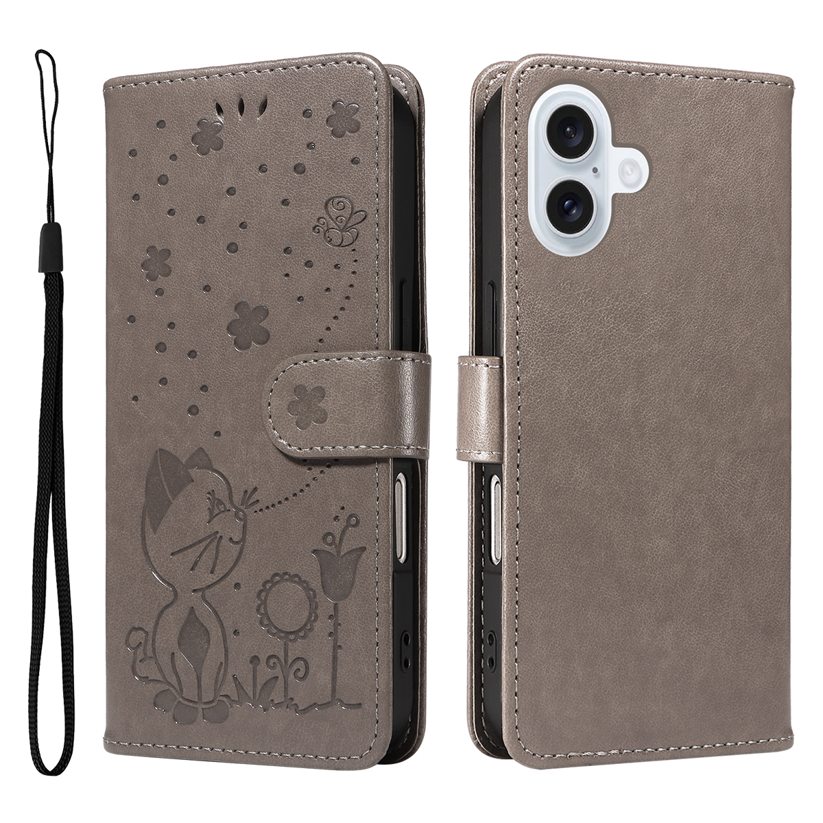 For iPhone 17 Leather Wallet Case Cat Bee Pattern Phone Cover Stand - Grey