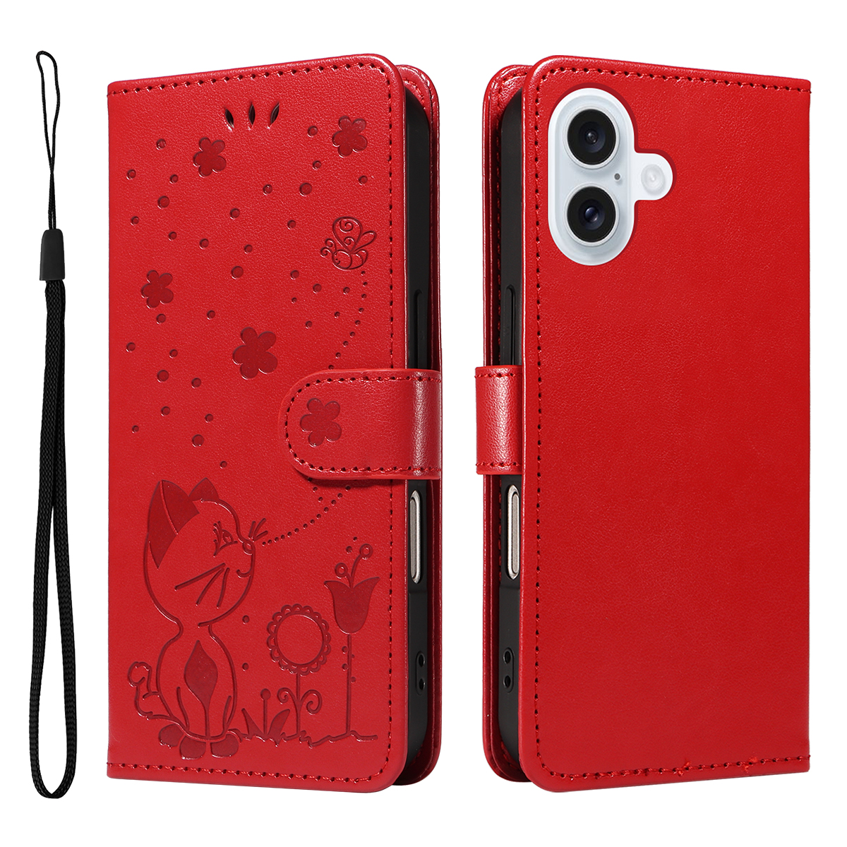 For iPhone 17 Leather Wallet Case Cat Bee Pattern Phone Cover Stand - Red