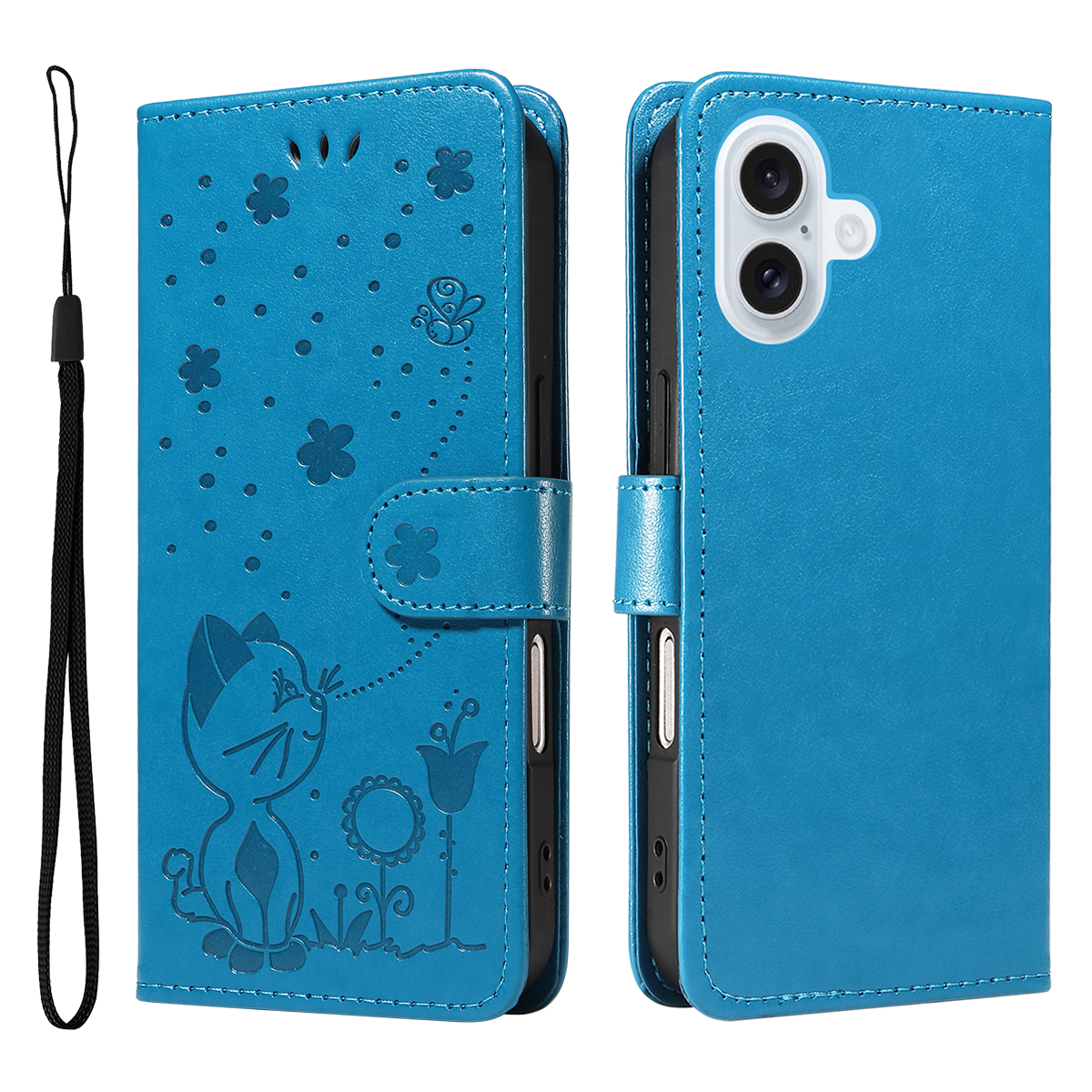 For iPhone 17 Leather Wallet Case Cat Bee Pattern Phone Cover Stand - Blue
