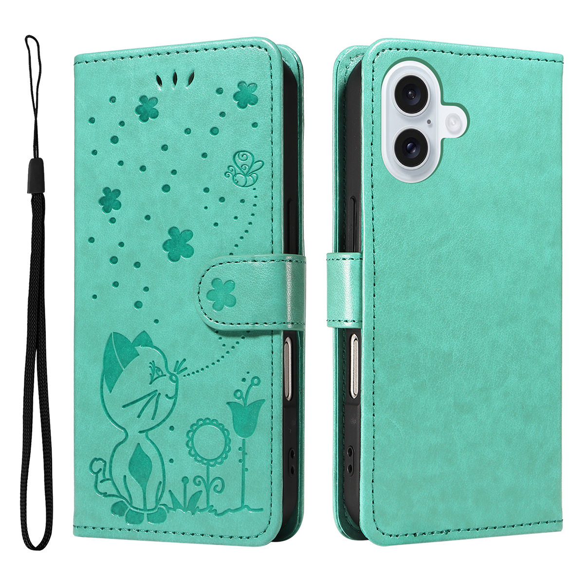 For iPhone 17 Leather Wallet Case Cat Bee Pattern Phone Cover Stand - Green