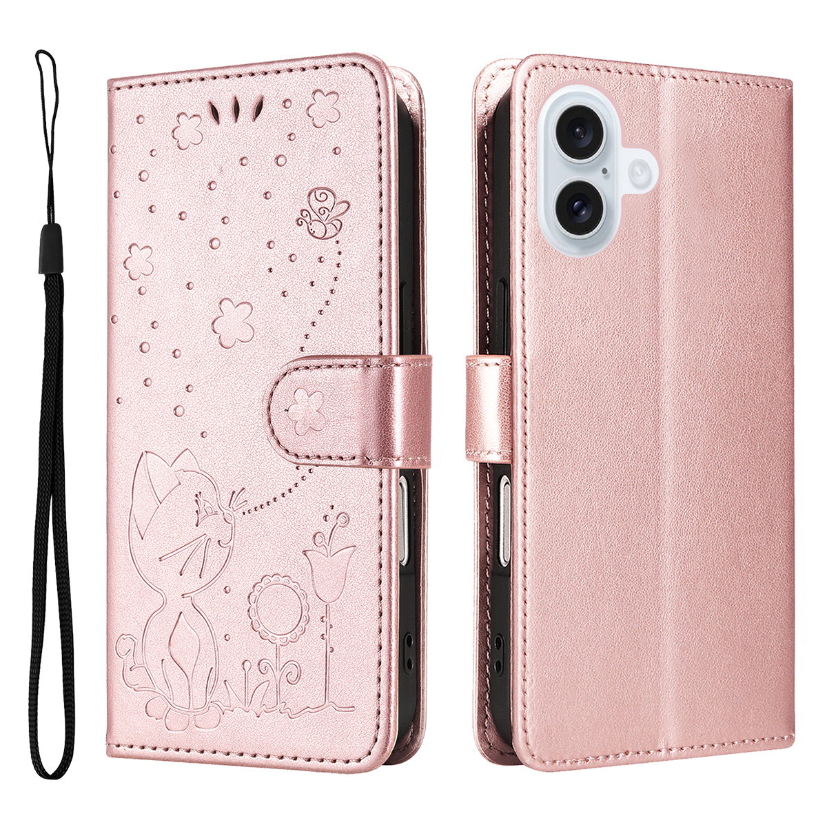 For iPhone 17 Leather Wallet Case Cat Bee Pattern Phone Cover Stand - Rose Gold