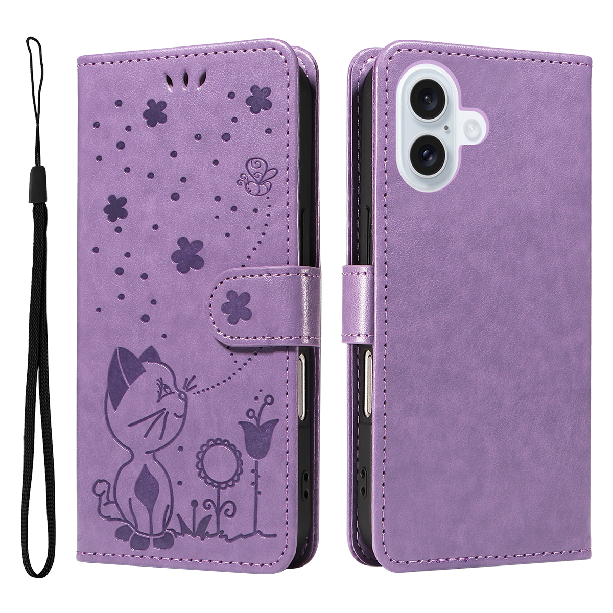 For iPhone 17 Leather Wallet Case Cat Bee Pattern Phone Cover Stand - Purple
