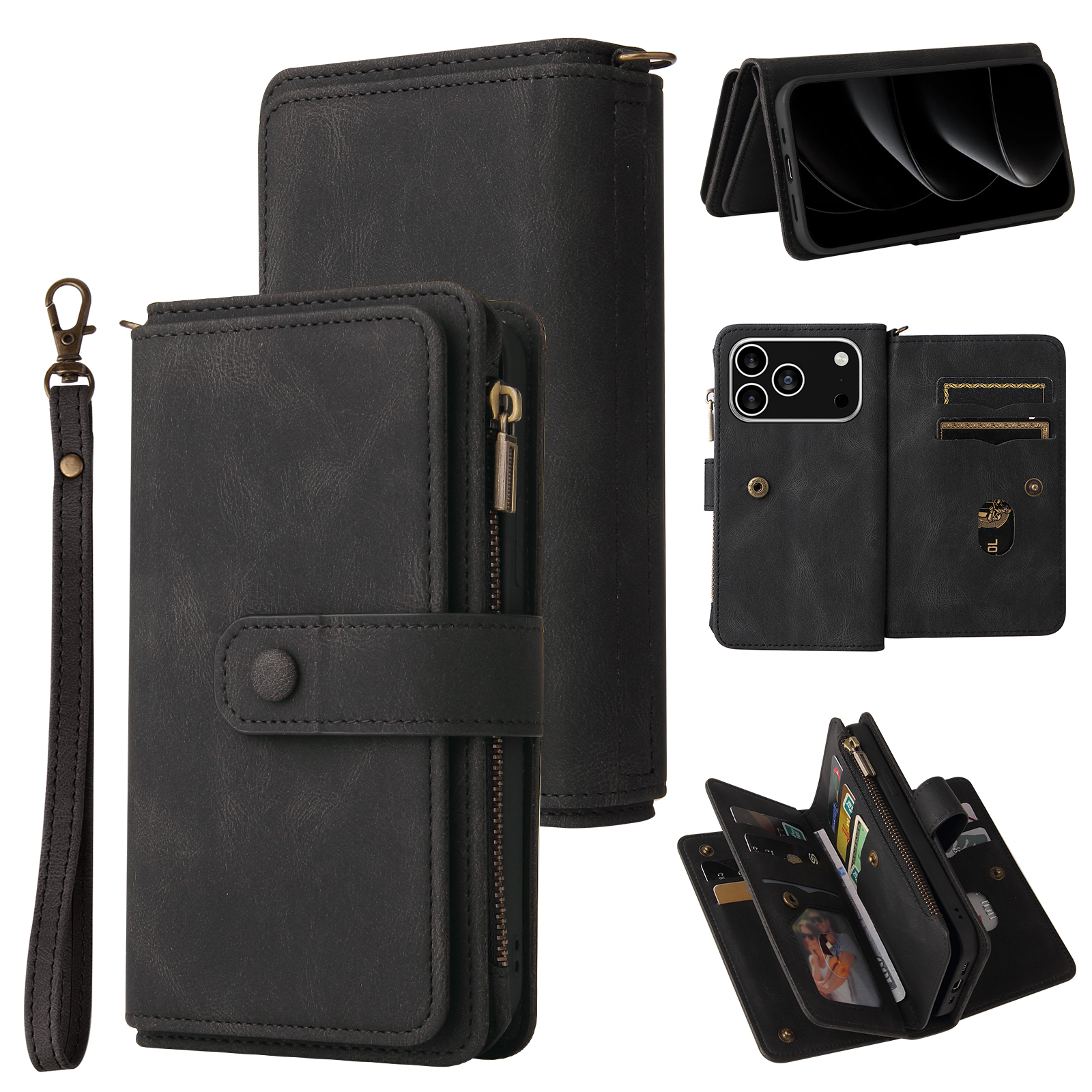 For iPhone 17 Pro Zipper Wallet Case with 15 Card Slots and Strap Leather Phone Cover - Black