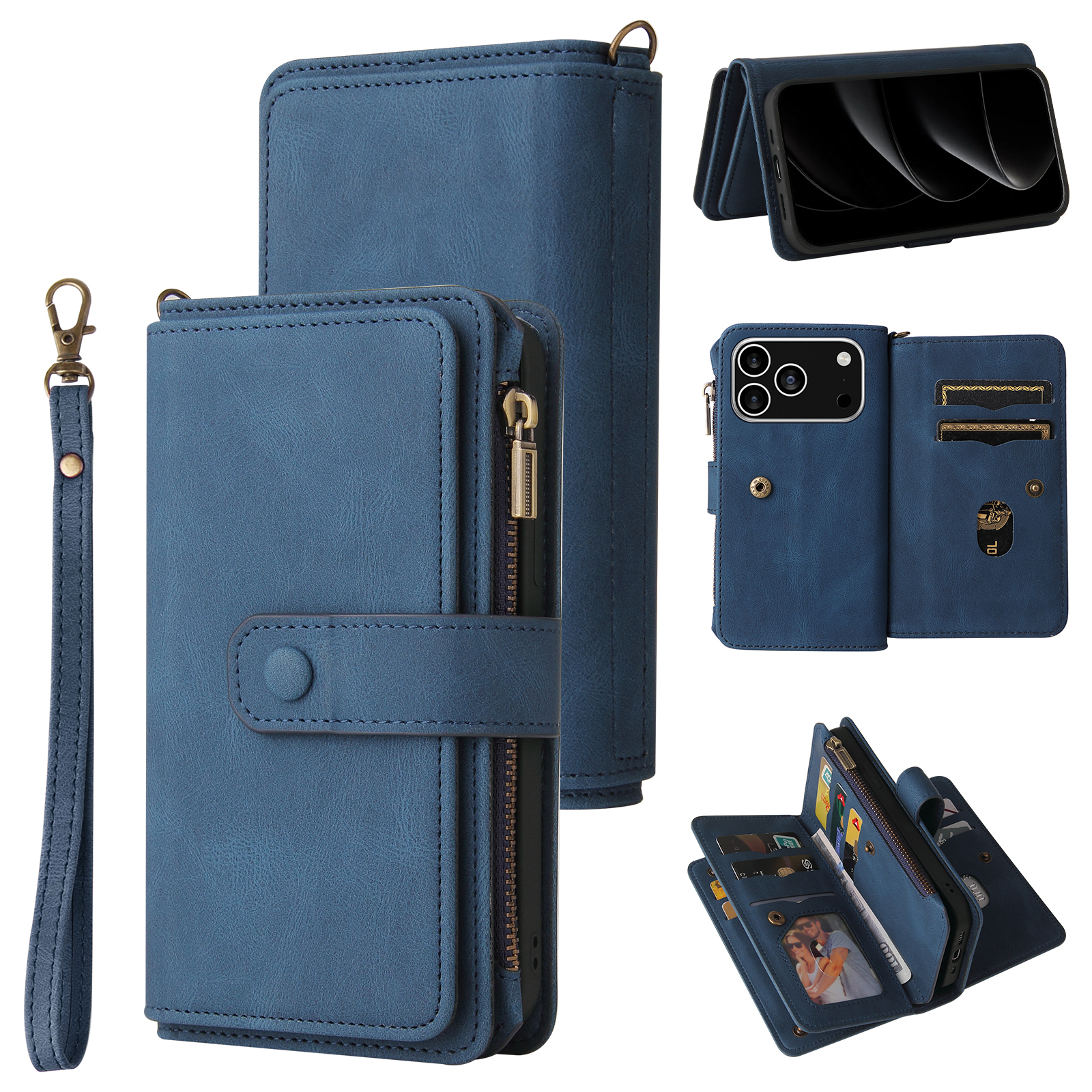 For iPhone 17 Pro Zipper Wallet Case with 15 Card Slots and Strap Leather Phone Cover - Blue
