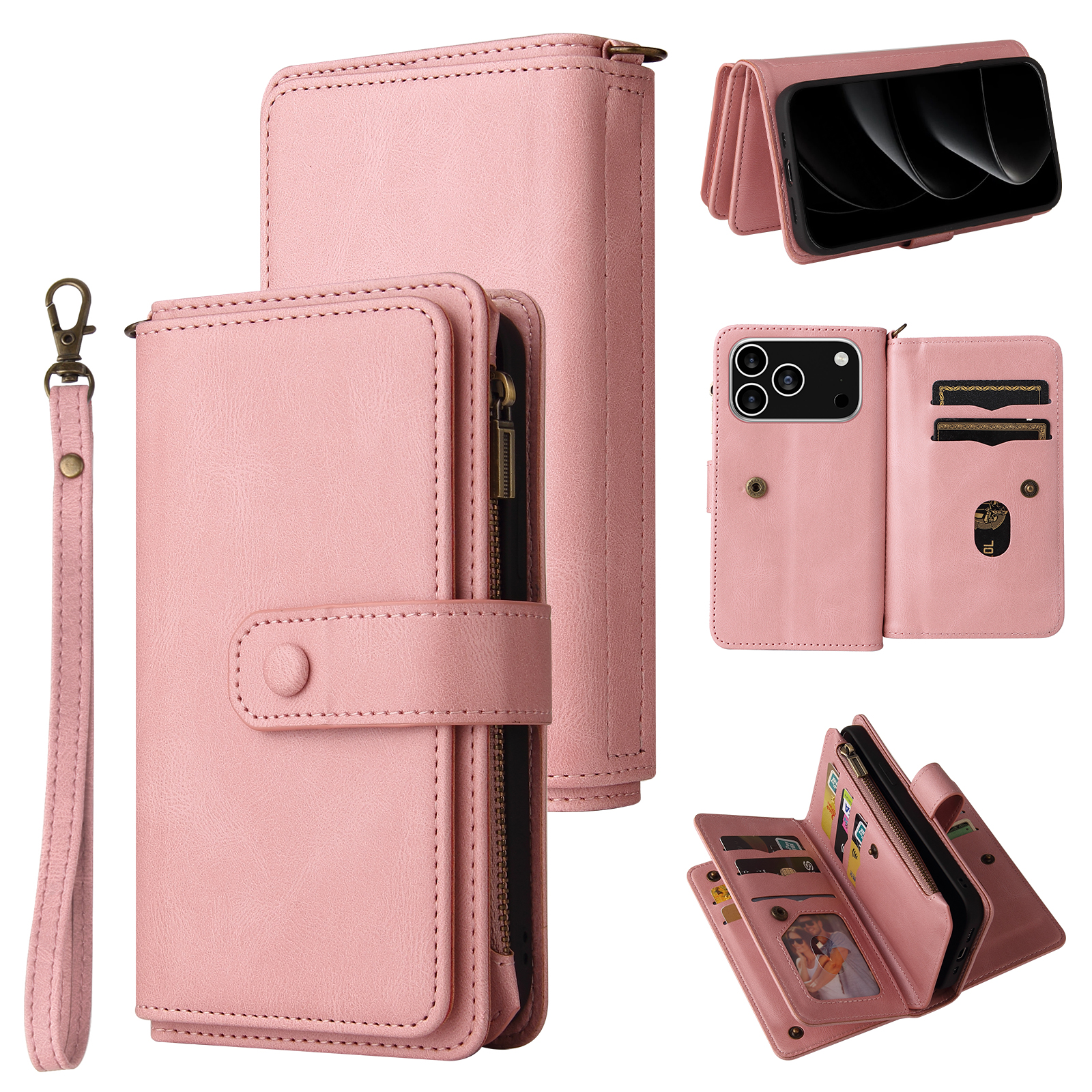 For iPhone 17 Pro Zipper Wallet Case with 15 Card Slots and Strap Leather Phone Cover - Pink