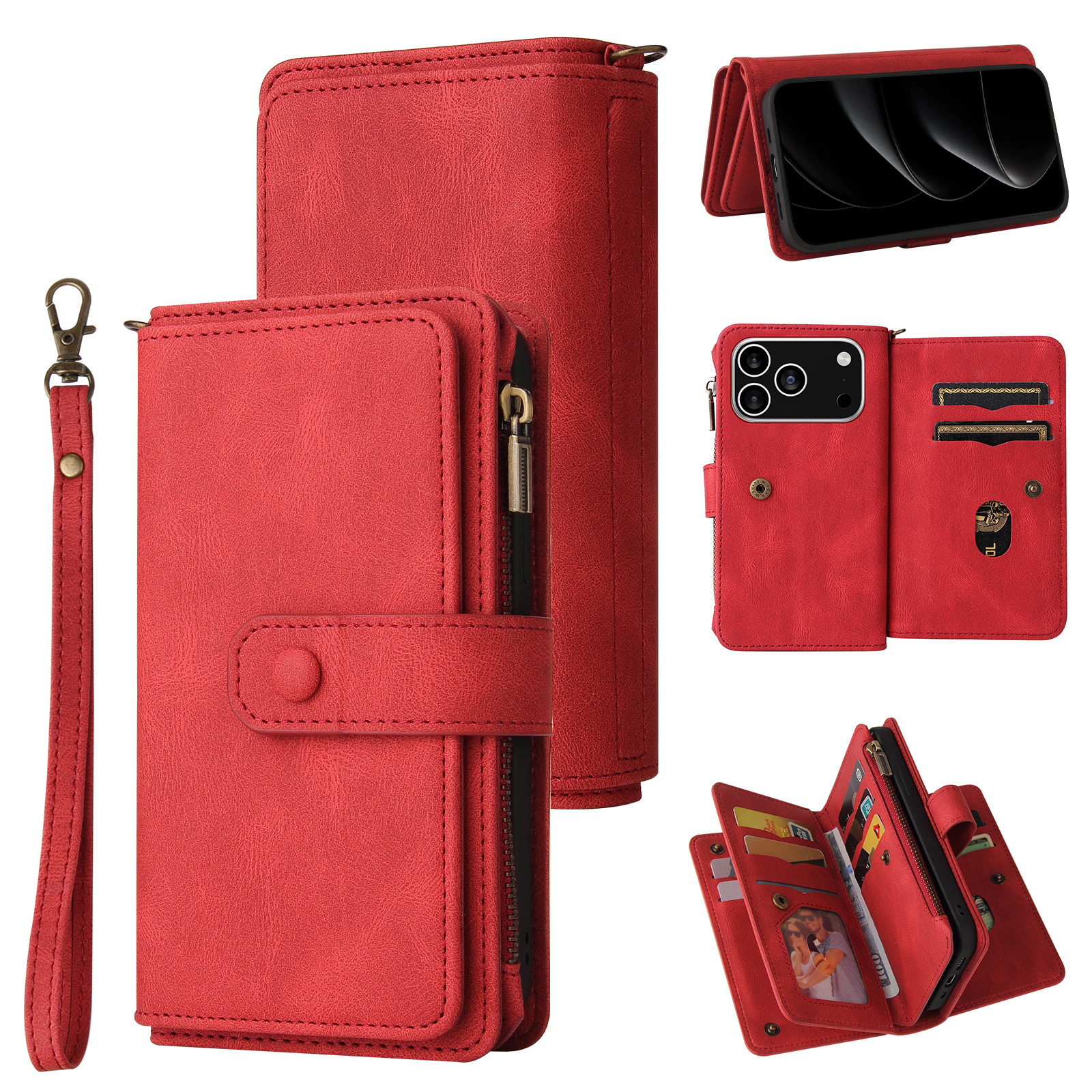 For iPhone 17 Pro Zipper Wallet Case with 15 Card Slots and Strap Leather Phone Cover - Red