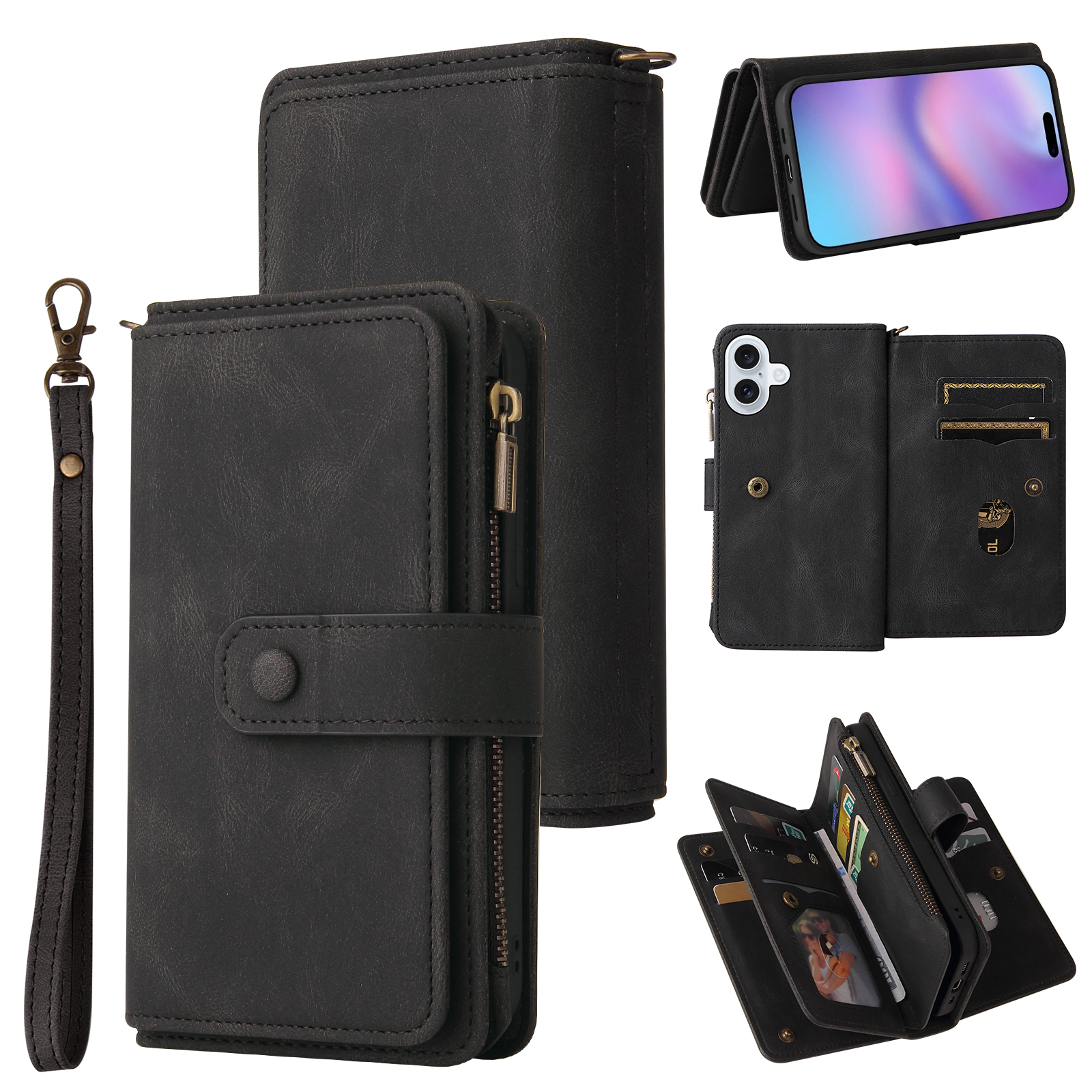 For iPhone 17 Zipper Wallet Case with 15 Card Slots and Strap Leather Phone Cover - Black