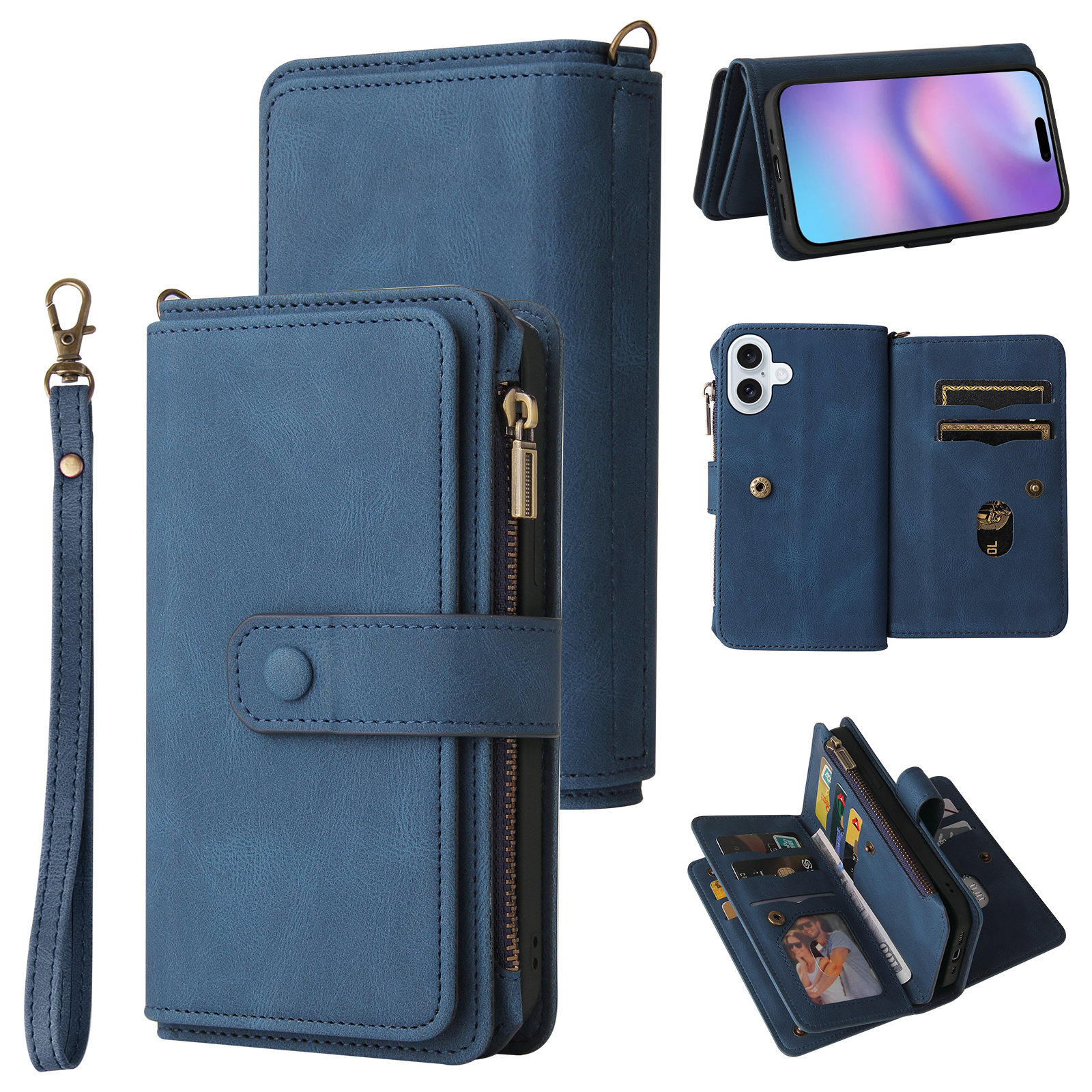 For iPhone 17 Zipper Wallet Case with 15 Card Slots and Strap Leather Phone Cover - Blue