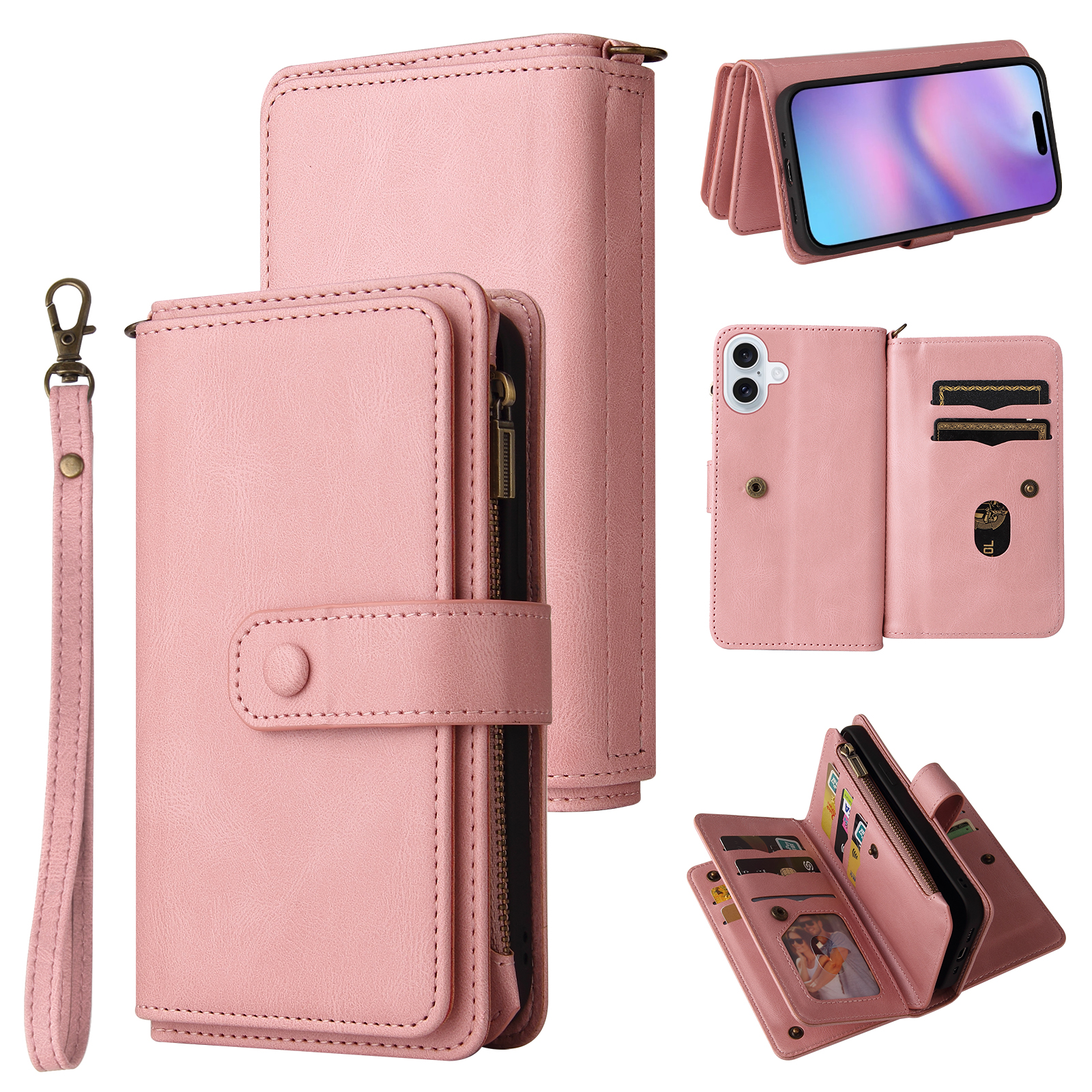 For iPhone 17 Zipper Wallet Case with 15 Card Slots and Strap Leather Phone Cover - Pink