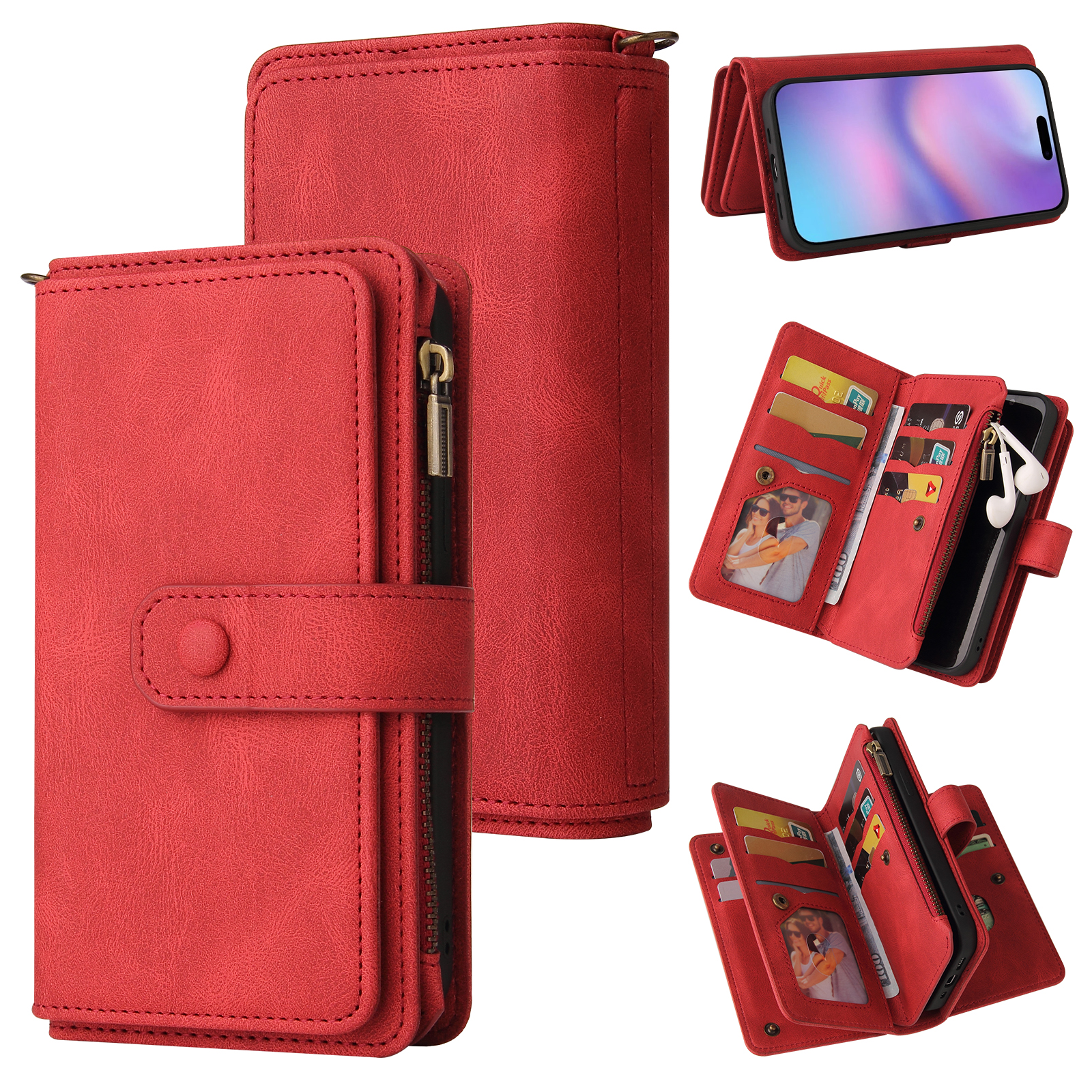 For iPhone 17 Zipper Wallet Case with 15 Card Slots and Strap Leather Phone Cover - Red