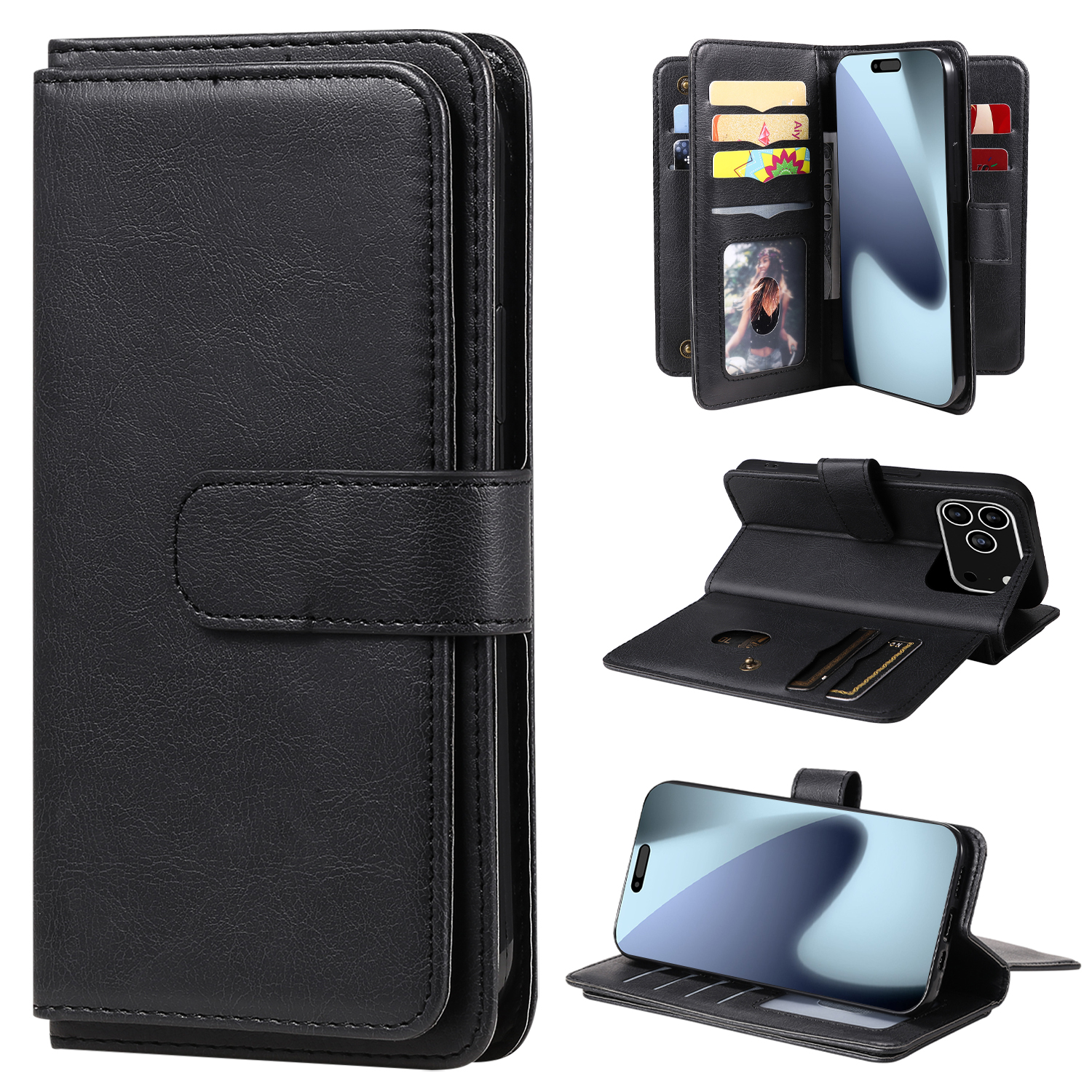 For iPhone 17 Pro Max Leather Case with 10 Card Holder Phone Cover Stand - Black