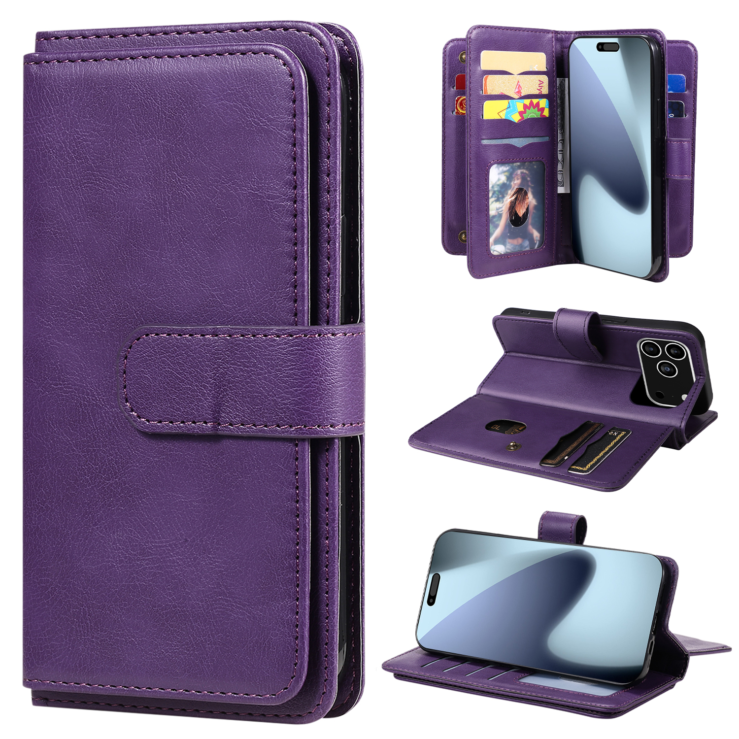 For iPhone 17 Pro Max Leather Case with 10 Card Holder Phone Cover Stand - Purple