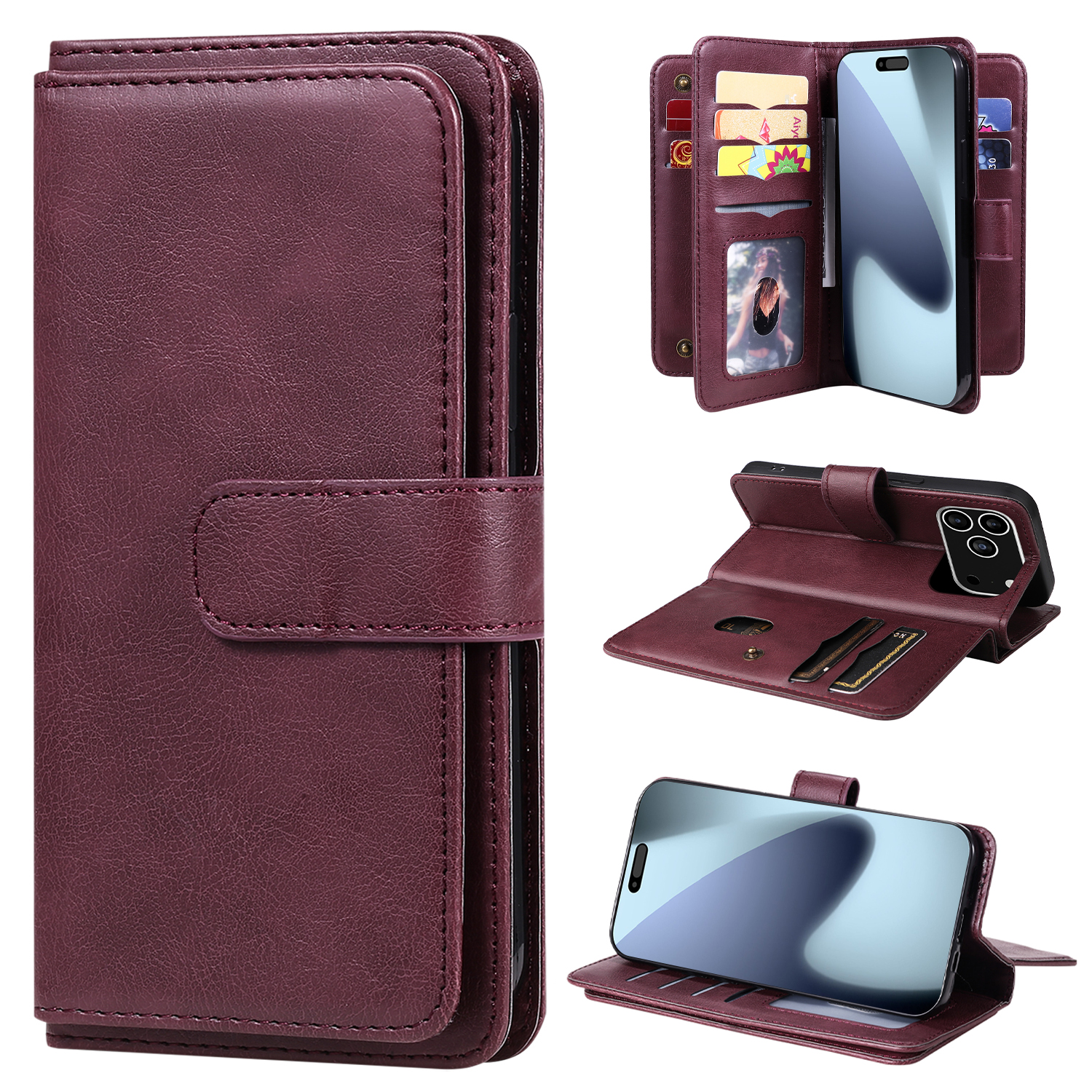For iPhone 17 Pro Leather Case with 10 Card Holder Phone Cover Stand - Wine Red