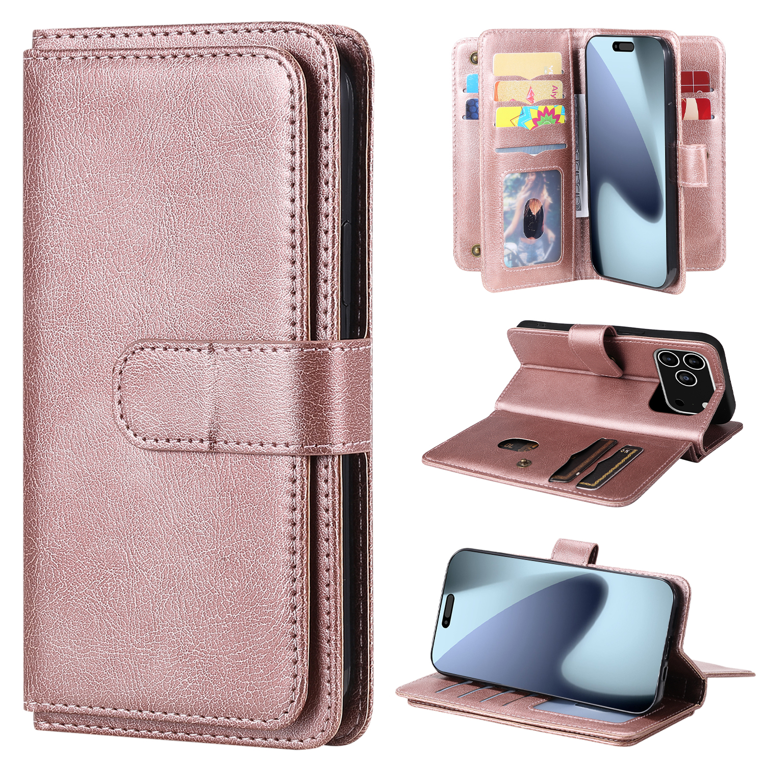 For iPhone 17 Pro Leather Case with 10 Card Holder Phone Cover Stand - Rose Gold