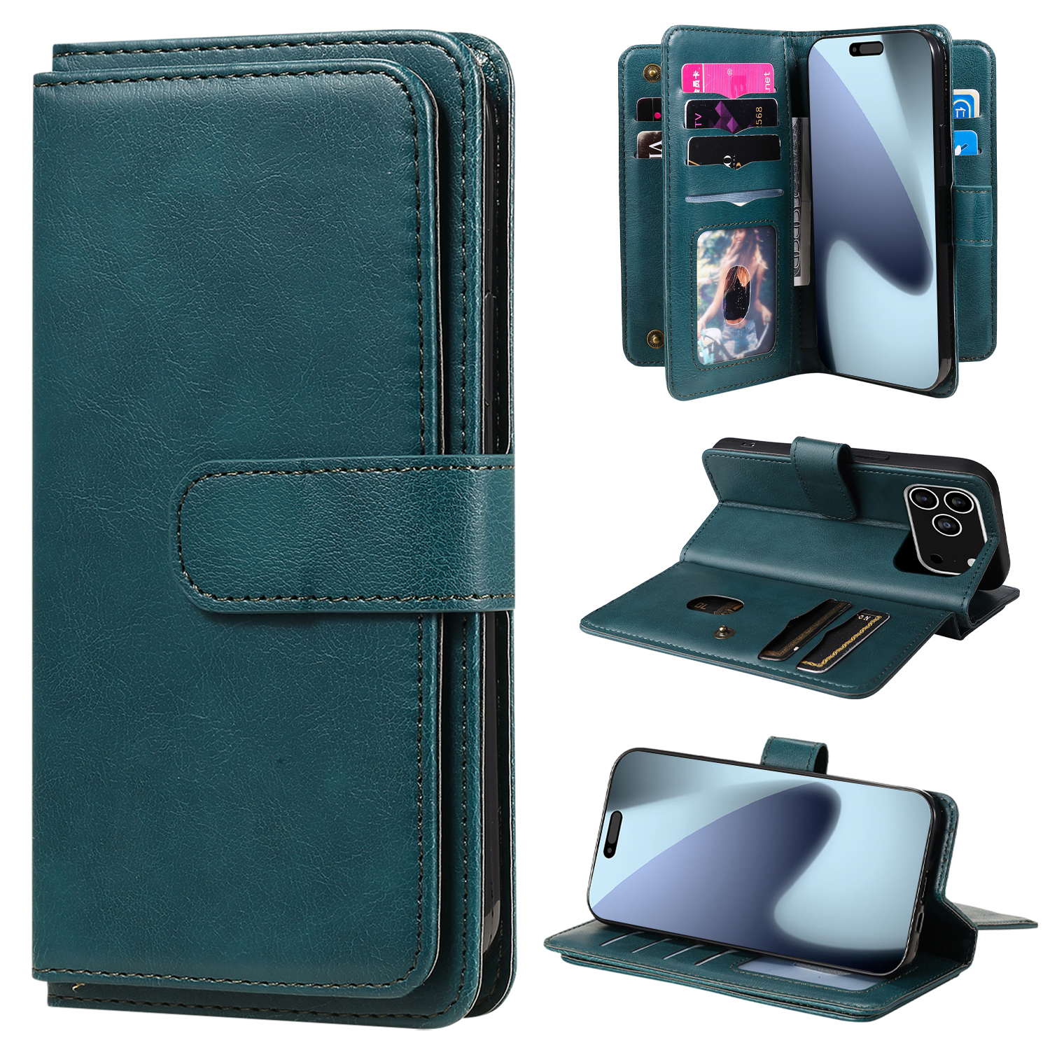 For iPhone 17 Pro Leather Case with 10 Card Holder Phone Cover Stand - Green