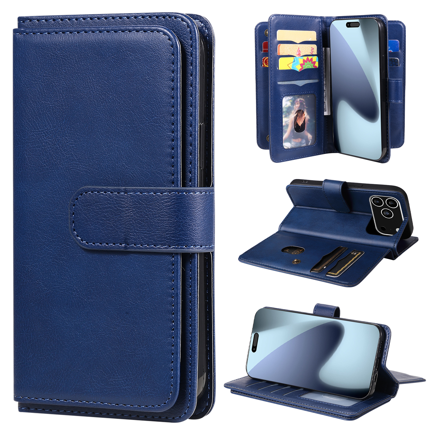 For iPhone 17 Pro Leather Case with 10 Card Holder Phone Cover Stand - Blue