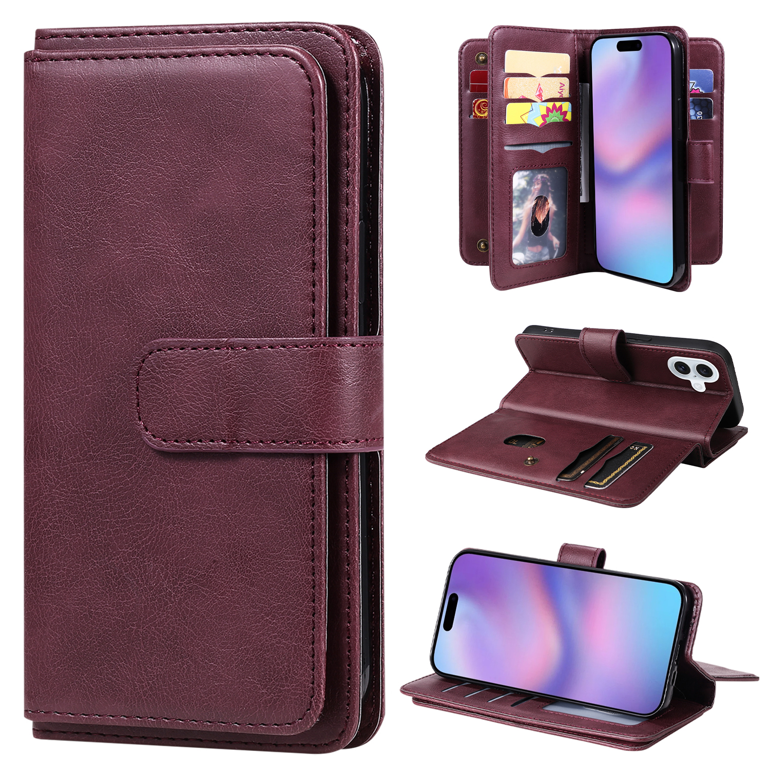 For iPhone 17 Leather Case with 10 Card Holder Phone Cover Stand - Wine Red