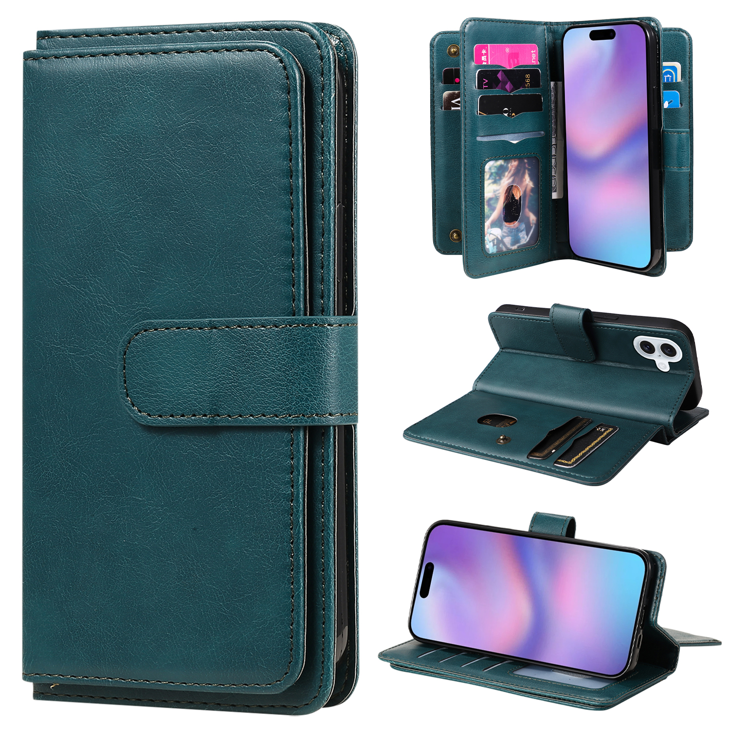 For iPhone 17 Leather Case with 10 Card Holder Phone Cover Stand - Green