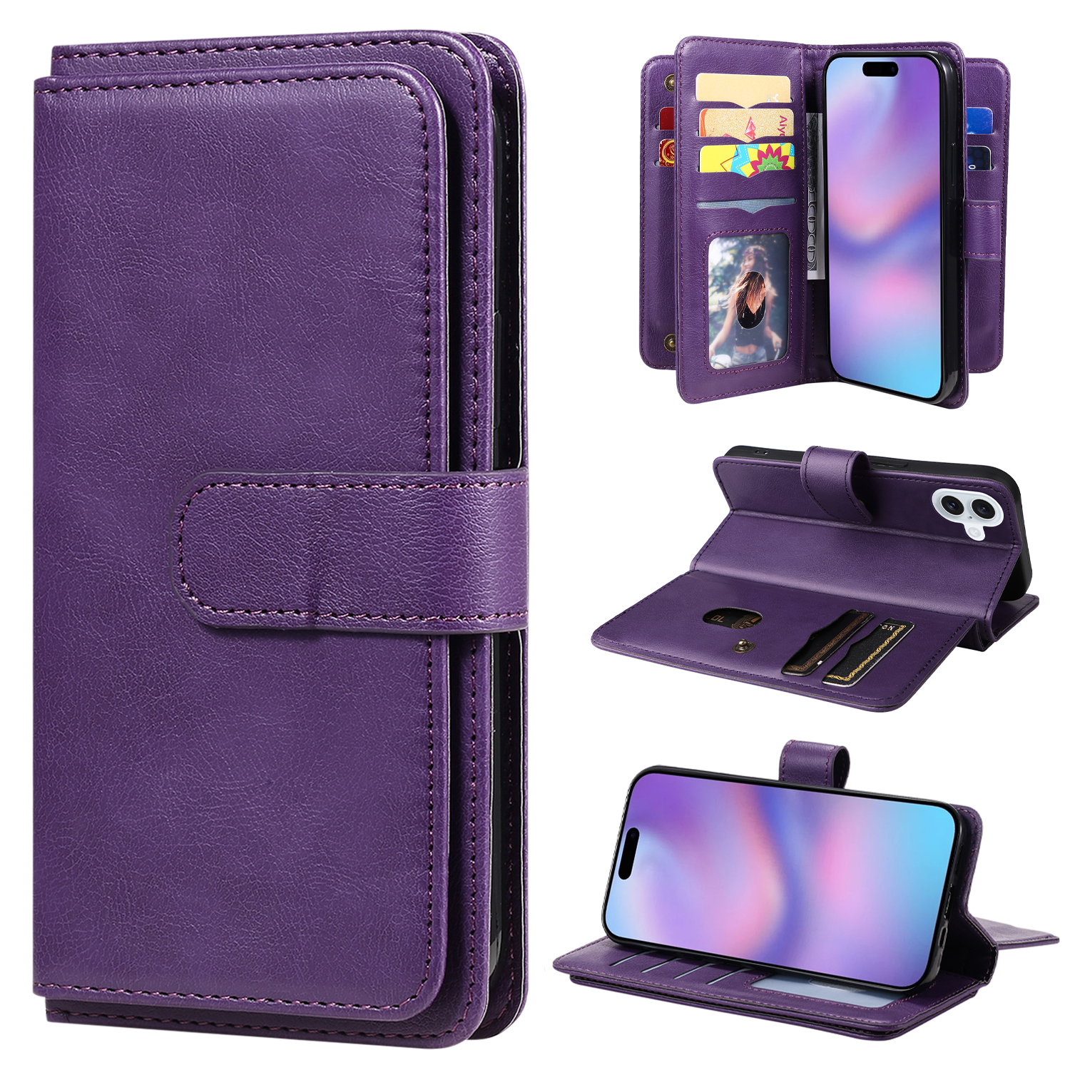 For iPhone 17 Leather Case with 10 Card Holder Phone Cover Stand - Purple
