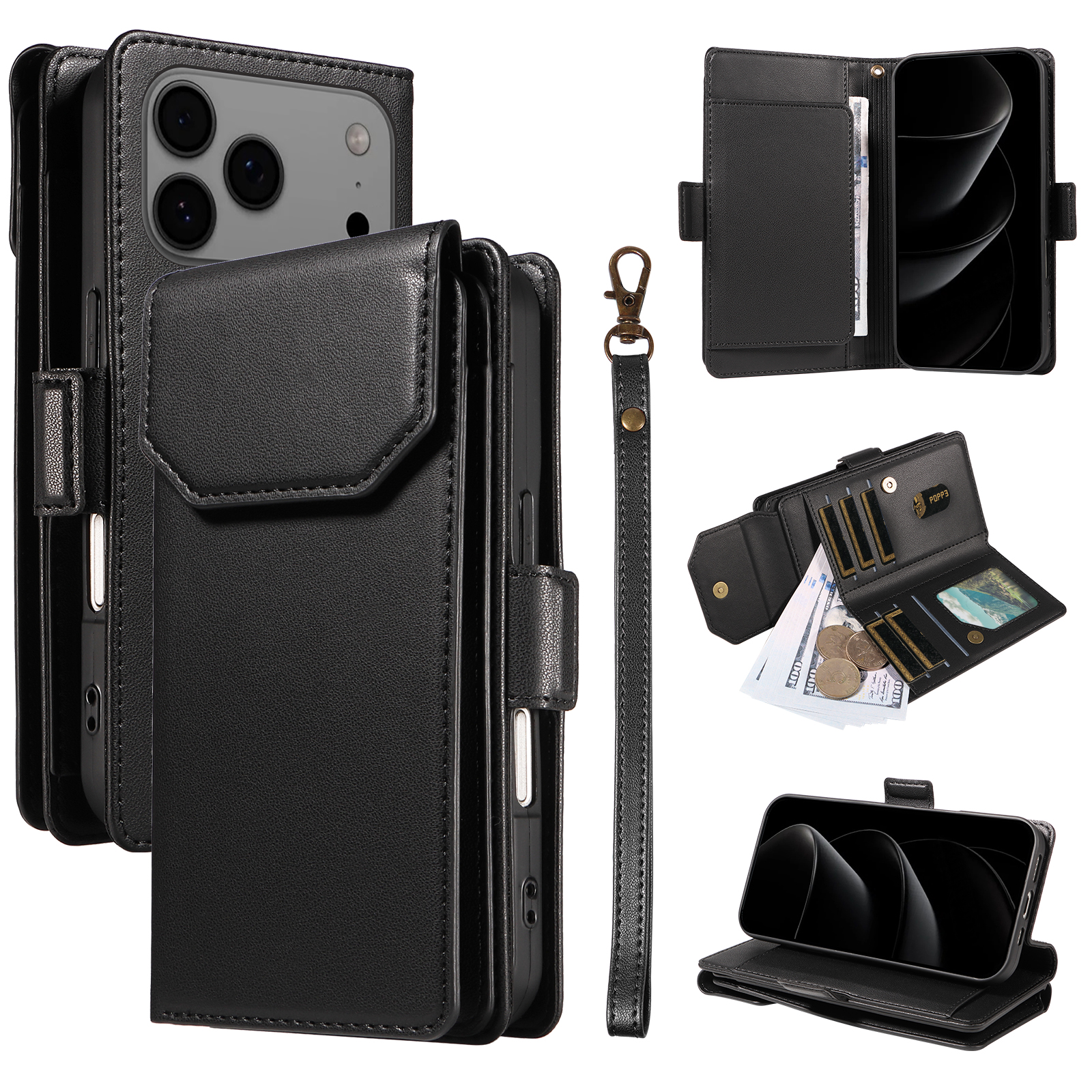 For iPhone 17 Pro Max Case with Multi-Card Holder and Strap PU Leather Phone Cover Stand - Black