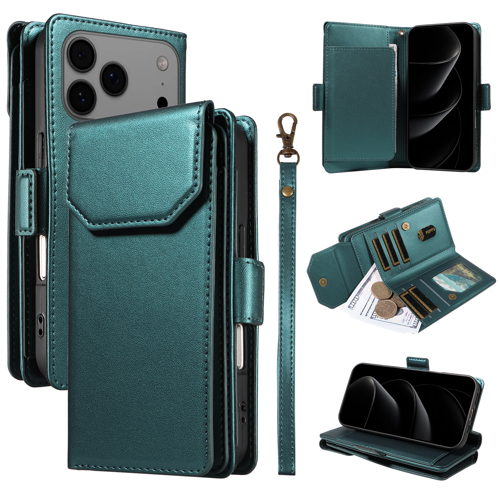 For iPhone 17 Pro Max Case with Multi-Card Holder and Strap PU Leather Phone Cover Stand - Green