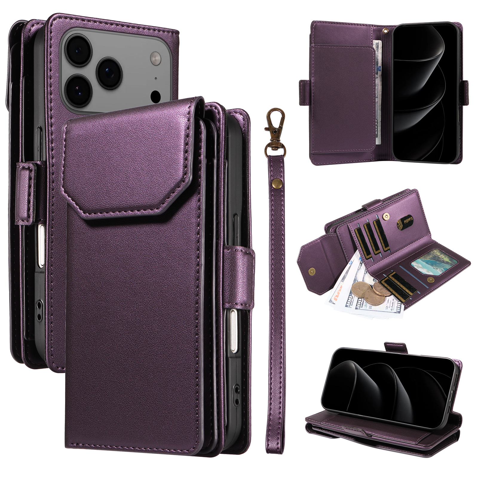 For iPhone 17 Pro Max Case with Multi-Card Holder and Strap PU Leather Phone Cover Stand - Purple