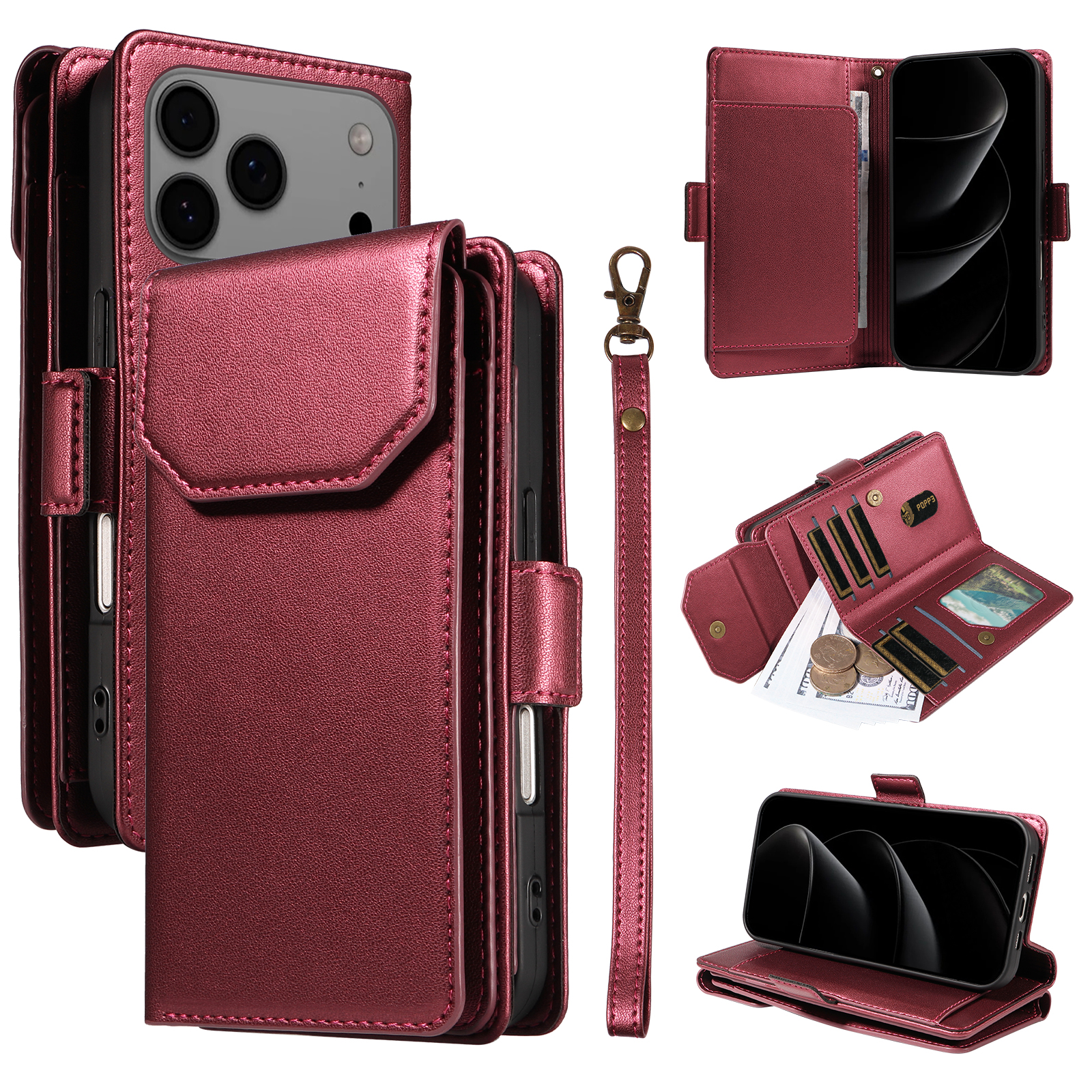 For iPhone 17 Pro Max Case with Multi-Card Holder and Strap PU Leather Phone Cover Stand - Red
