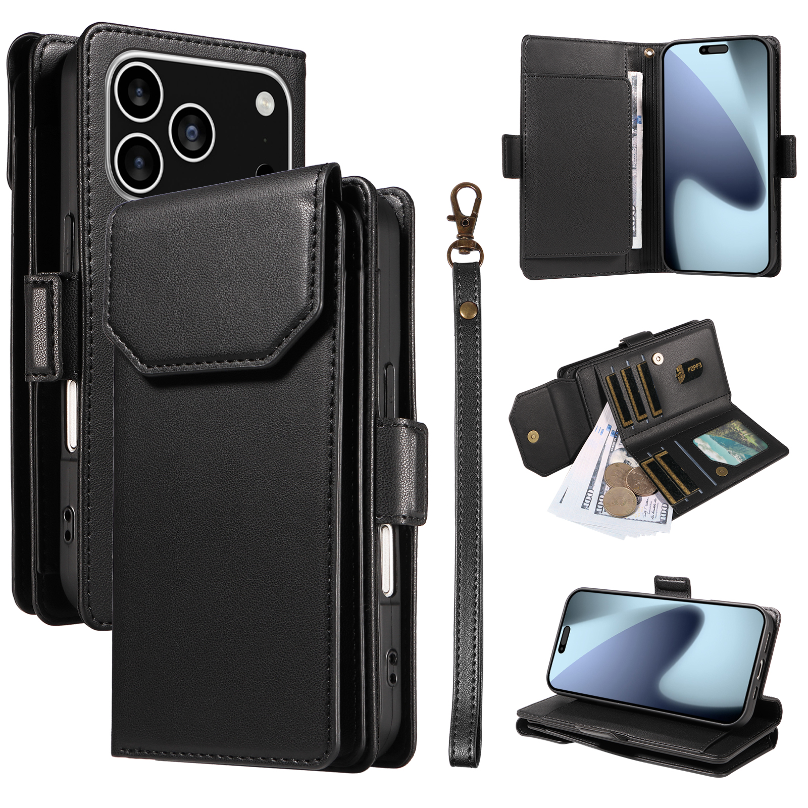 For iPhone 17 Pro Case with Multi-Card Holder and Strap PU Leather Phone Cover Stand - Black