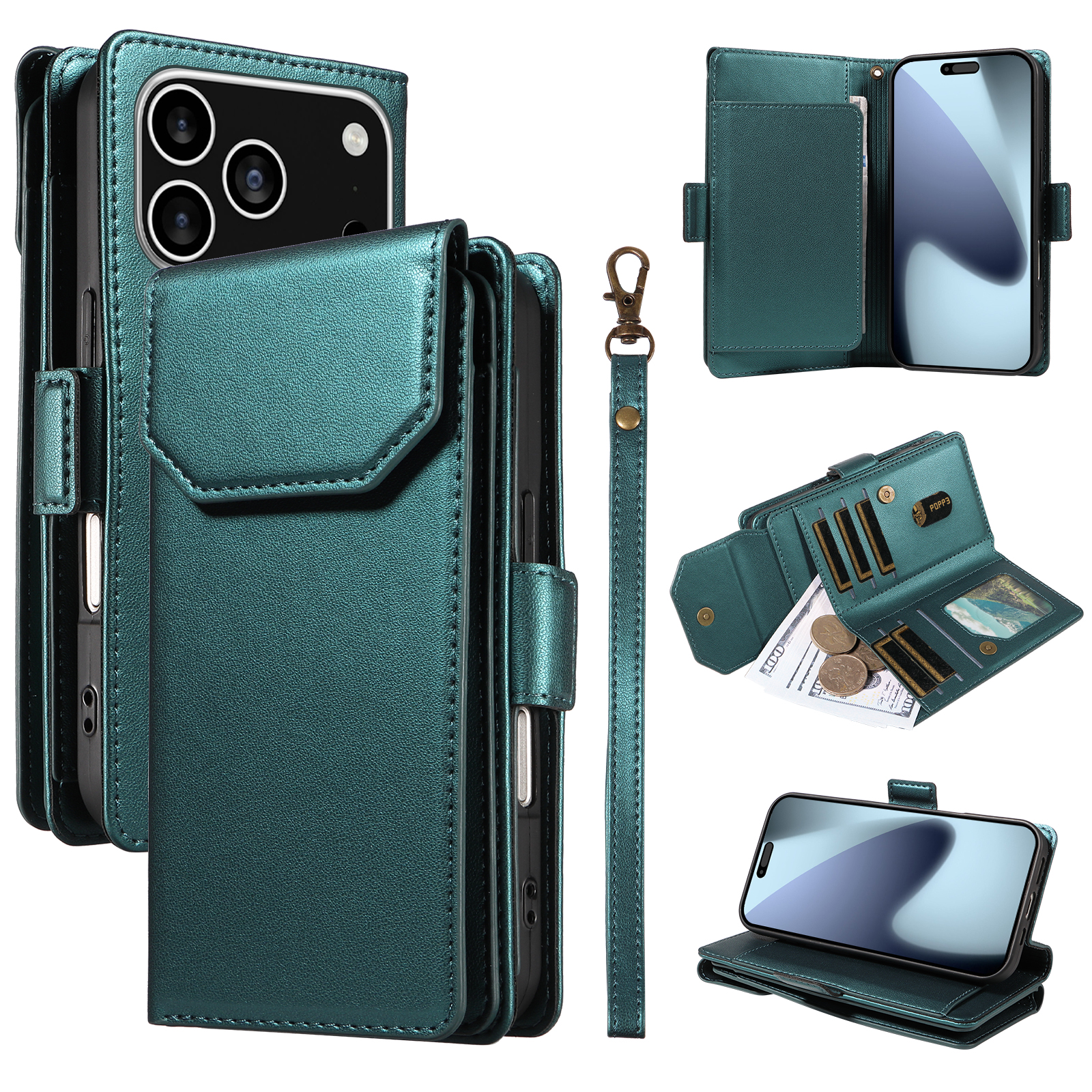 For iPhone 17 Pro Case with Multi-Card Holder and Strap PU Leather Phone Cover Stand - Green