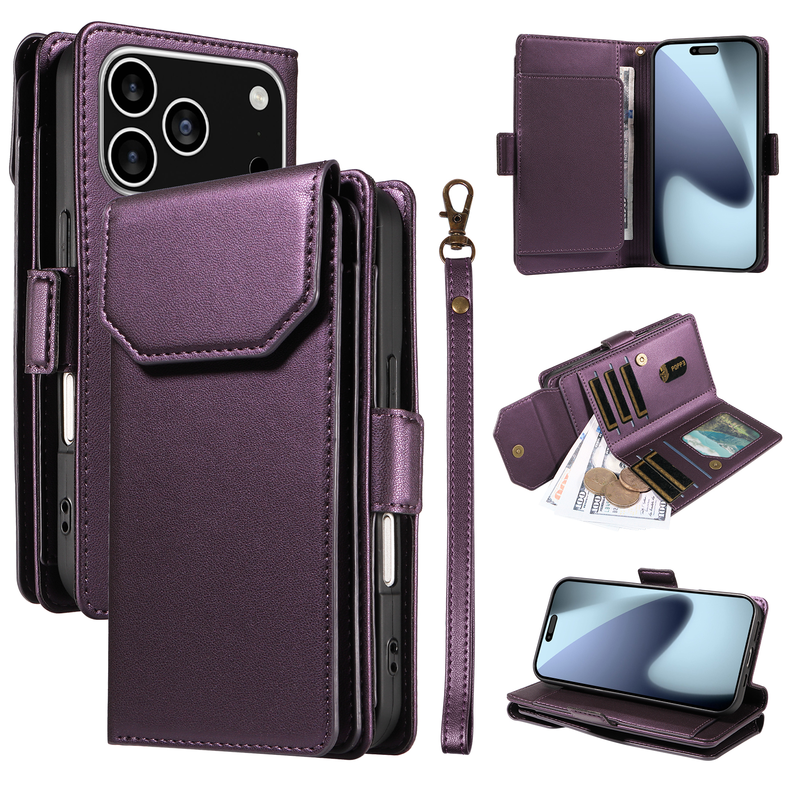 For iPhone 17 Pro Case with Multi-Card Holder and Strap PU Leather Phone Cover Stand - Purple