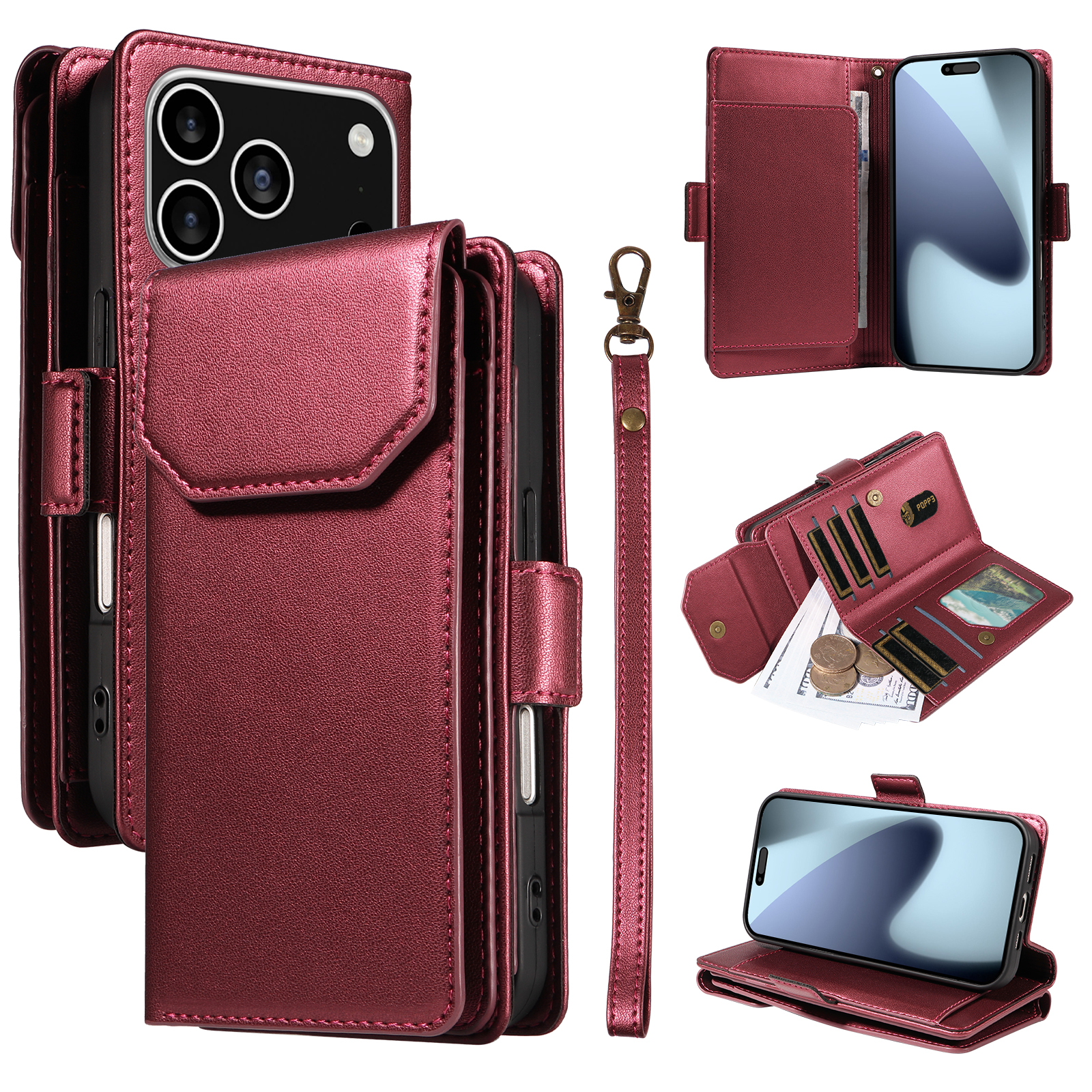For iPhone 17 Pro Case with Multi-Card Holder and Strap PU Leather Phone Cover Stand - Red