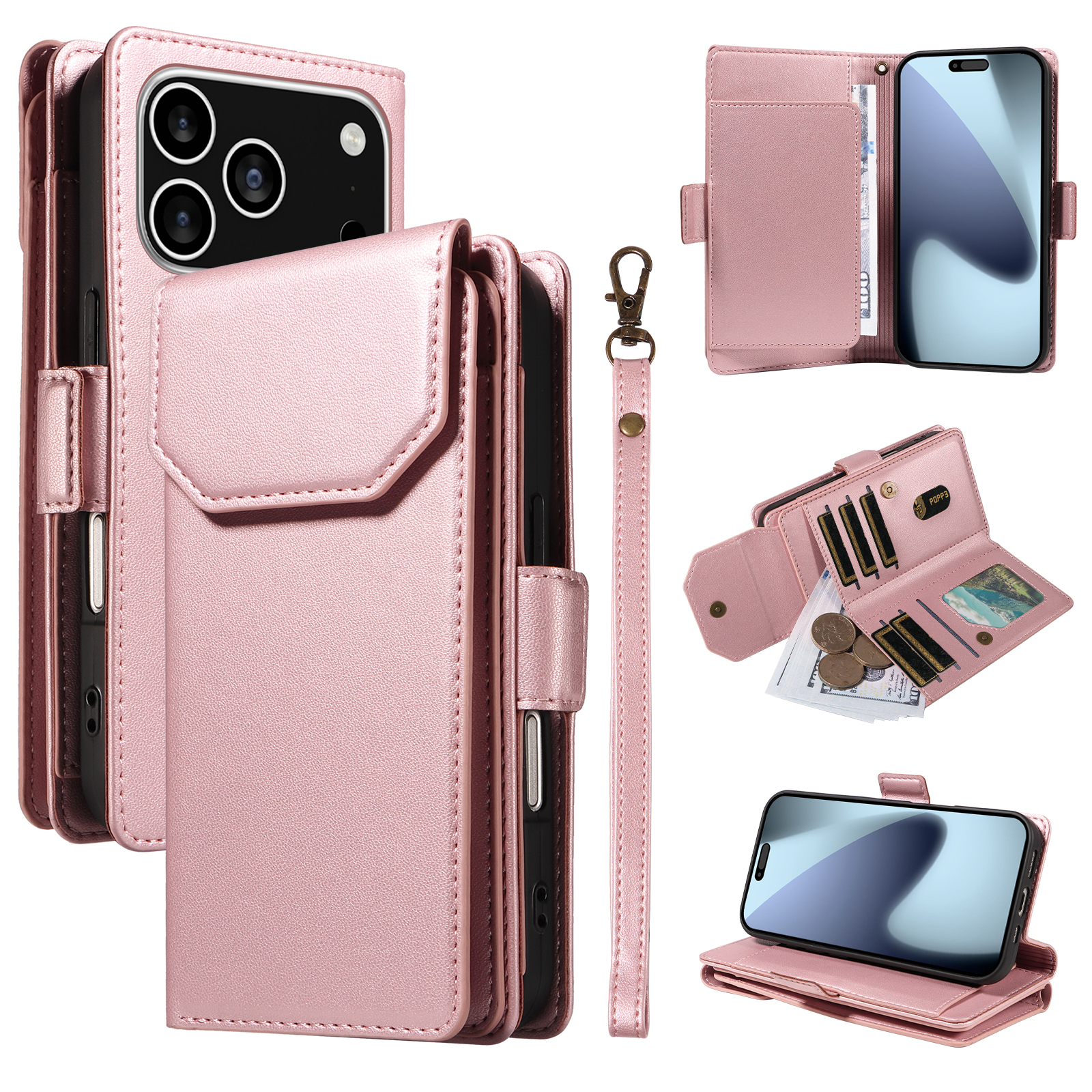 For iPhone 17 Pro Case with Multi-Card Holder and Strap PU Leather Phone Cover Stand - Rose Gold
