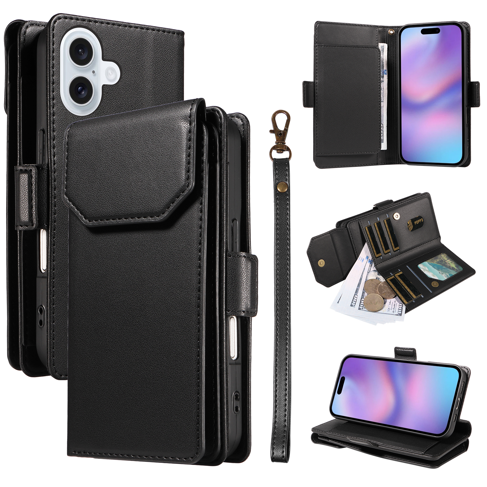 For iPhone 17 Case with Multi-Card Holder and Strap PU Leather Phone Cover Stand - Black