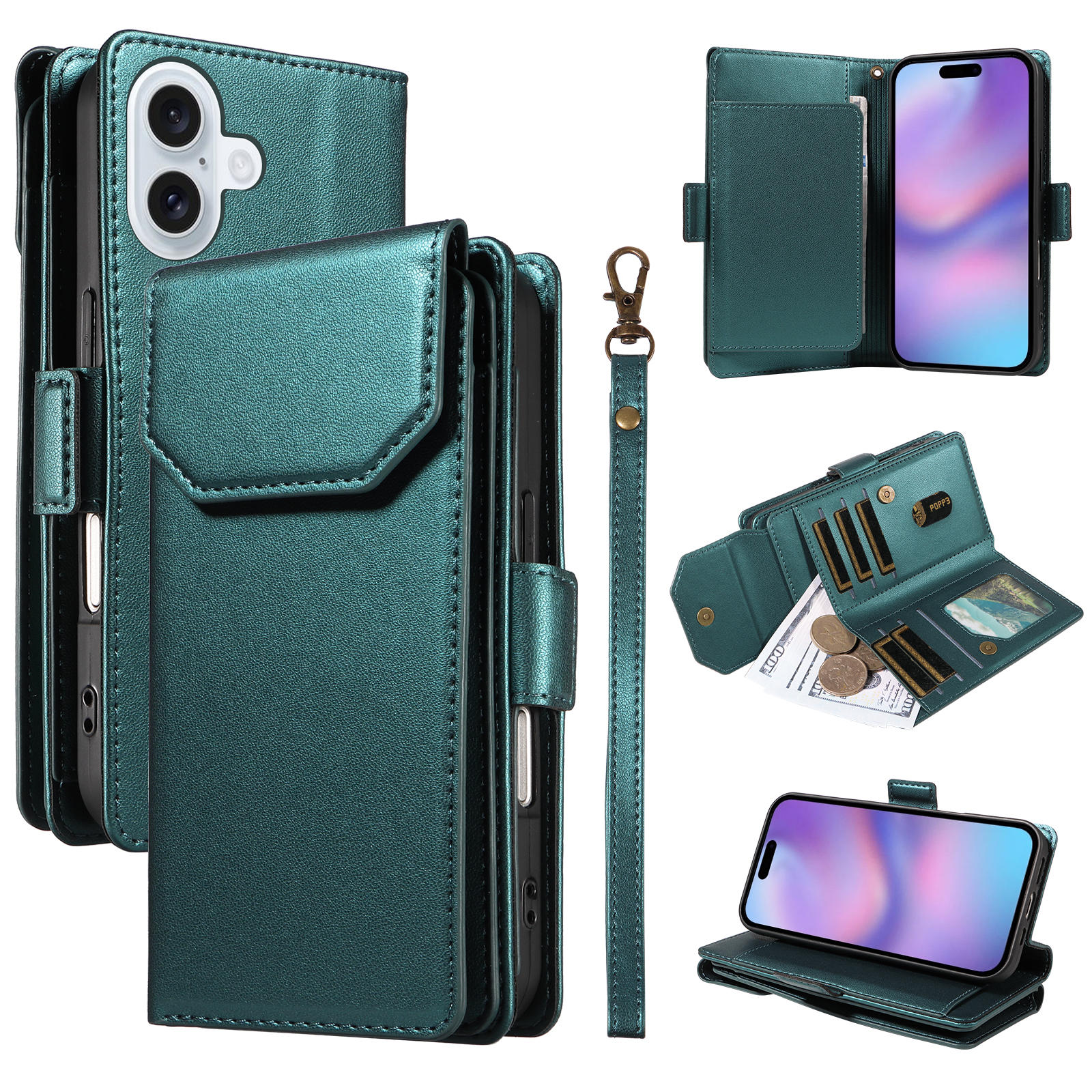 For iPhone 17 Case with Multi-Card Holder and Strap PU Leather Phone Cover Stand - Green
