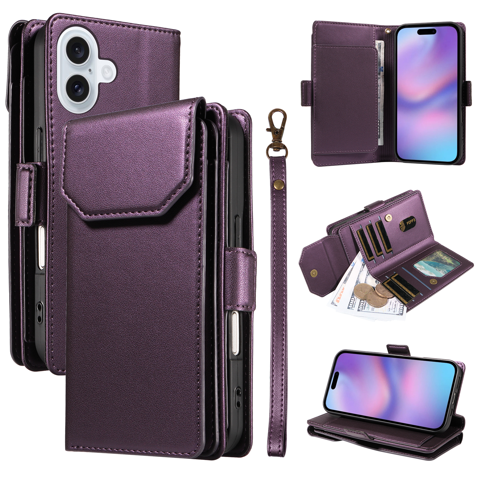 For iPhone 17 Case with Multi-Card Holder and Strap PU Leather Phone Cover Stand - Purple