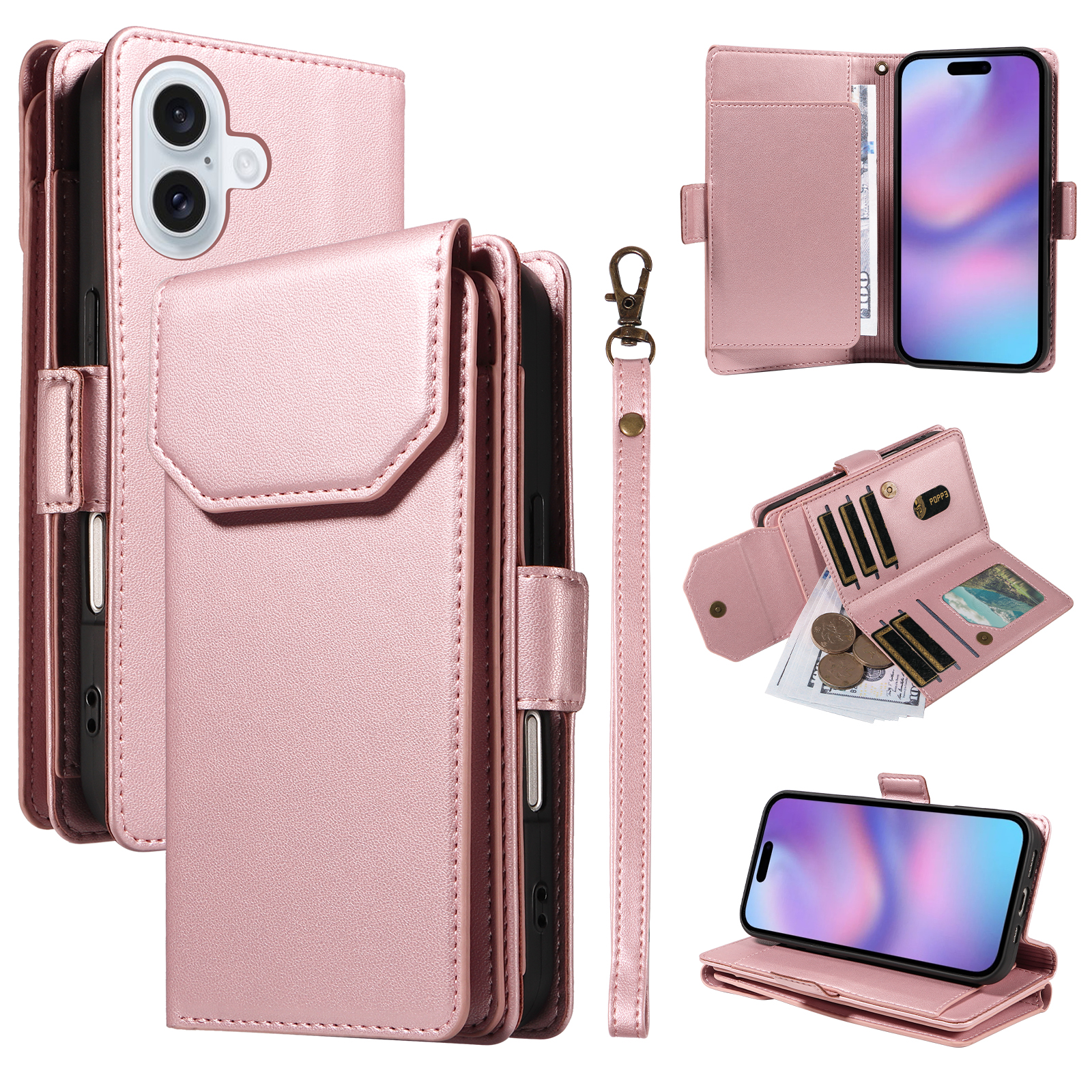 For iPhone 17 Case with Multi-Card Holder and Strap PU Leather Phone Cover Stand - Rose Gold