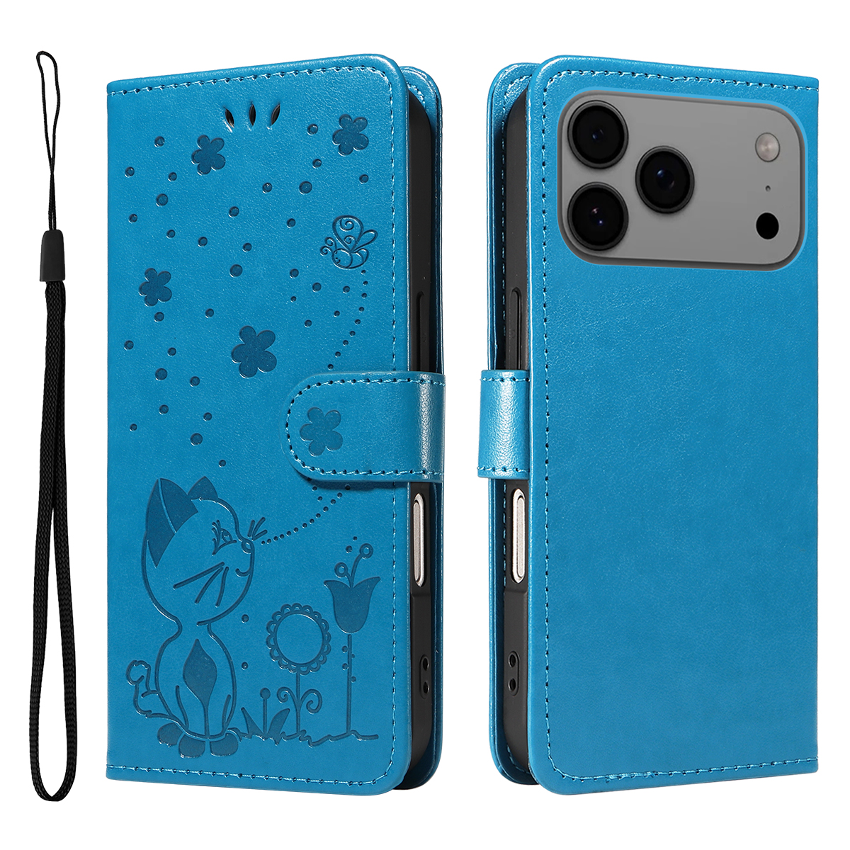 For iPhone 17 Pro Max Leather Wallet Case Cat Bee Pattern Phone Cover Stand - Blue
