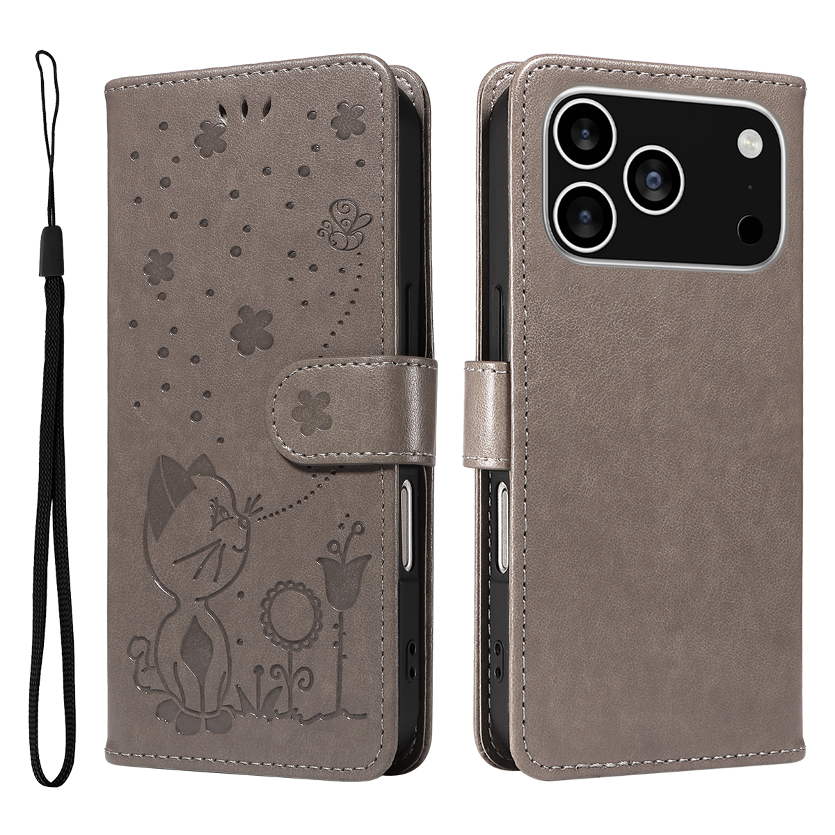 For iPhone 17 Pro Leather Wallet Case Cat Bee Pattern Phone Cover Stand - Grey